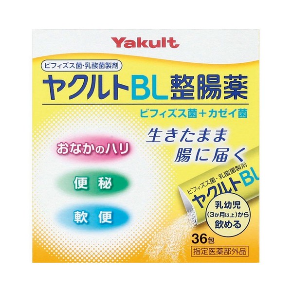 ※商品リニューアル等によりパッケージデザイン及び容量は予告なく変更されることがあります ■ ビフィズス菌とカゼイ菌が生きたまま腸内に届きます ■ 消化液に強い2種類の菌が、おなかの中の広い範囲で、整腸効果を高めます ■ 小さなお子様も飲みやすい甘みのある整腸薬です 効能・効果 整腸（便通を整える）、腹部膨満感、軟便、便秘 成分・分量 1包(1g)中 成分 分量 はたらき ビフィズス菌 50mg 主に大腸で増殖し、乳酸と酢酸を産生し、 整腸作用をあらわします カゼイ菌 50mg 主に小腸で増殖し、乳酸を産生し、 整腸作用をあらわします 添加物として乳糖水和物、ヒドロキシプロピルセルロース、トウモロコシデンプン、ブドウ糖、結晶セルロースを含有します 用法・用量 次の1回量を1日3回、食後に服用してください 年齢 1回服用量 1日服用回数 成人 1包 3回 5歳以上&#12316;15歳未満 1/2包 3ヶ月以上&#12316;5歳未満 1/3包 3ヶ月未満 服用しないでください 容量 36包スティック分包：1g／包 使用上の注意 相談すること 次の人は服用前に医師又は薬剤師に相談してください 牛乳によるアレルギーを起こしたことがある人 医師の治療を受けている人 次の場合は、直ちに服用を中止し、この文書を持って医師又は薬剤師に相談してください 1か月位服用しても症状がよくならない場合 用法・用量に関連する注意 定められた用法・用量を厳守してください 小児に服用させる場合には、保護者の指導監督のもとに服用させてください 成分・分量に関連する注意 服用時に口の中で軽い温感を感じることがあります。これは菌数の低下を防ぎ、効果を維持するための製剤学的工夫によるものです 保管及び取扱い上の注意 直射日光の当たらない湿気の少ない涼しい所に保管してください 小児の手の届かない所に保管してください 他の容器に入れ替えないでください（誤用の原因になったり、品質が変わるおそれがあります） 使用期限を過ぎた製品は、服用しないでください 1度開封した後は、品質保持の点から、なるべく早く服用してください 1包を分割した残りを服用する場合には、袋の口を折り返して、湿気の少ない涼しい所に保管し、2日以内に服用してください メーカー名 株式会社ヤクルト本社 製造国 日本 商品区分 指定医薬部外品 医薬品＞整腸剤 広告文責 有限会社　永井(090-8657-5539,072-960-1414)　