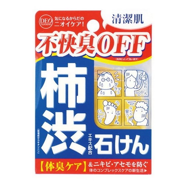 ※商品リニューアル等によりパッケージデザイン及び容量は予告なく変更されることがあります ■ フルーティミントの香り ■ 柿タンニンエキスを配合した柿渋石鹸です。 汚れや不快さもすっきり洗い流し、すーっとさっぱり爽快な洗い心地。 成分 石ケン素地、カキタンニン、ハマメリスエキス、マロニエエキス、グリチルレチン酸、ブドウ葉エキス、セイヨウキズタエキス、オトギリソウエキス、アルニカエキス、グリセリン、グリシン、トリクロカルバン、クエン酸Na、ベントナイト、水、BG、硫酸亜鉛、EDTA-4Na、エチドロン酸4Na、酸化チタン、酸化鉄、香料 内容 100g 使用方法 顔にお使いの時は、たっぷりと泡立ててやさしく洗顔し、その後充分に洗い流して下さい。 ボディ用にお使いの場合は、スポンジやタオルなどで、石けんにお湯を加えながら泡立てます。 体全体をマッサージするようにやさしく丁寧に洗って下さい。 気になる部分はより丁寧に洗っていただき、1-2分ほど放置して洗い流して下さい。 ご注意 直射日光の当たる場所、極端に高温または低温の場所での保管は避けてください。 傷やはれもの、しっしん等、異常のある部位には使用しないでください。 お肌に異常が生じていないかよく注意して使用してください。化粧品がお肌に合わないとき、即ち使用中、赤み、はれ、かゆみ、刺激、色抜け（白斑等）や黒ずみ等の異常が現れたとき、使用したお肌に直射日光が当たって上記のような異常があらわれた場合は、使用を中止してください。そのまま使用を続けますと、症状を悪化させることがありますので皮膚科専門医等へご相談をおすすめします。 乳幼児の手の届かないところに保管してください。 目に入ったときはすぐに洗い流してください。 製造販売元 コスメテックスローランド株式会社 東京都港区赤坂1-12-32 0120‐91‐1213 製造国 日本 商品区分 化粧品 広告文責 有限会社　永井(090-8657-5539,072-960-1414)　