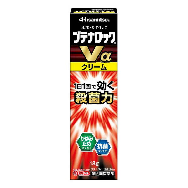 ※商品リニューアル等によりパッケージデザイン及び容量は予告なく変更されることがあります ■ 水虫・たむしは、白癬菌というカビ（真菌）が皮膚表面の角質層に寄生しておこる疾患です。 白癬菌が皮膚表面の角質層等のケラチン質を侵すことによって激しいかゆみがおこります。 ブテナロックVαクリームは優れた効きめで水虫の原因菌（白癬菌）を殺菌する、水虫・たむし治療薬です。 ■ 優れた殺菌力「ブテナフィン塩酸塩」配合。かゆい水虫にも効く！ 角質層によく浸透し、水虫の原因菌（白癬菌）を殺菌します。 ■ かゆみ止め成分「クロルフェニラミンマレイン酸塩」「ジブカイン塩酸塩」「クロタミトン」に加え、l-メントールのスーッとした使用感でかゆみを抑えます。抗菌成分「イソプロピルメチルフェノール」配合。 炎症をおさめる「グリチルレチン酸」配合。 ■ 皮膚貯留性が優れている為、1日1回で効きます。 ■ 使いきりチューブ採用。 効能・効果 みずむし、いんきんたむし、ぜにたむし 成分・分量 1g中 ブテナフィン塩酸塩 10mg ジブカイン塩酸塩 2mg クロルフェニラミンマレイン酸塩 5mg グリチルレチン酸 2mg l-メントール 20mg クロタミトン 10mg イソプロピルメチルフェノール 3mg 添加物 ： 2-エチルヘキサン酸セチル、ジエタノールアミン、自己乳化型モノステアリン酸グリセリン、ジメチルポリシロキサン、セトステアリルアルコール、パラベン、BHT、プロピレングリコール、ベヘニルアルコール、ポリオキシエチレンベヘニルエーテル、ミリスチン酸イソプロピル 用法用量 1日1回、適量を患部に塗布してください。 容量 18g ご注意 使用上の注意 してはいけないこと （守らないと現在の症状が悪化したり、副作用が起こりやすくなります。） 次の人は使用しないでください。 本剤又は本剤の成分によりアレルギー症状を起こしたことがある人。 次の部位には使用しないでください。 目や目の周囲、粘膜（例えば口腔、鼻腔、膣等）、陰のう、外陰部等。 湿疹。 湿潤、ただれ、亀裂や外傷のひどい患部。 相談すること 次の人は使用前に医師、薬剤師又は登録販売者にご相談ください。 医師の治療を受けている人。 妊婦又は妊娠していると思われる人。 乳幼児。 薬などによりアレルギー症状を起こしたことがある人。 患部が顔面又は広範囲の人。 患部が化膿している人。 「湿疹」か「みずむし、いんきんたむし、ぜにたむし」かがはっきりしない人。 （陰のうにかゆみ・ただれ等の症状がある場合は、湿疹等他の原因による場合が多い。） 使用後、次の症状があらわれた場合は副作用の可能性がありますので、直ちに使用を中止し、この説明書を持って医師、薬剤師又は登録販売者にご相談ください。 皮膚 発疹・発赤、かゆみ、かぶれ、はれ、刺激感、熱感、落屑、ただれ、水疱、乾燥感、ヒリヒリ感、亀裂 2週間位使用しても症状がよくならない場合は使用を中止し、この説明書を持って医師、薬剤師又は登録販売者にご相談ください。 用法・用量に関連する注意 患部やその周囲が汚れたまま使用しないでください。 目に入らないように注意してください。万一、目に入った場合には、すぐに水又はぬるま湯で洗い、直ちに眼科医の診療を受けてください。 小児に使用させる場合には、保護者の指導監督のもとに使用させてください。 外用にのみ使用してください。 保管及び取扱い上の注意 直射日光の当たらない涼しい所に密栓して保管してください。 小児の手の届かない所に保管してください。 他の容器に入れ替えないでください（誤用の原因になったり、品質が変わることがあります）。 表示の使用期限を過ぎた商品は使用しないでください。なお、使用期限内であっても開封後は品質保持の点からなるべく早く使用してください。 製造販売元 久光製薬株式会社 〒841-0017 鳥栖市田代大官町408番地 0120-133250 製造国 日本 商品区分 指定第2類医薬品 広告文責 有限会社　永井(072-960-1414・090-8657-5539)　