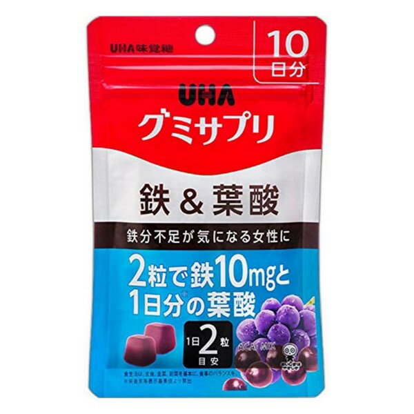 ※商品リニューアル等によりパッケージデザイン及び容量は予告なく変更されることがあります ■ プルーン70個分の鉄※と葉酸240μgをグミ2粒に。「おいしく」「続けやすい」グミサプリメントです。 毎日の体調管理におすすめです。 ※日本食品標準成分表（八訂）、生プルーン1個可食部を70gとしています。 原材料名 砂糖（タイ製造）、水飴、コラーゲン、濃縮果汁（りんご、グレープ）、アサイーパルプ／甘味料（ソルビトール）、酸味料、ピロリン酸第二鉄、ゲル化剤（ペクチン）、香料、光沢剤、葉酸、（一部にりんご・ゼラチンを含む） 本品に含まれるアレルギー物質（特定原材料及びそれに準ずるもの）：りんご・ゼラチン 栄養成分 2粒(標準5g)当たり エネルギー 17kcal たんぱく質 0.4g 脂質 0g 炭水化物 4.0g 食塩相当量 0.004g 鉄 10.0mg(147%) 葉酸 240μg(100%) コラーゲン 300mg お召し上がり方 1日2粒を目安によく噛んでお召し上がりください。 内容 20粒 10日分 ご注意 開封後は、チャックをしっかり閉めてお早めにお召し上がりください。 本品は、多量摂取により疾病が治癒したり、より健康が増進するものではありません。1日の摂取目安量を守ってください。万一体質に合わない場合は、摂取を中止してください。 薬を服用中あるいは通院中や妊娠・授乳中の方は、医師とご相談の上お召し上がりください。. お子様の手の届かないところに保管してください。 高温のところに放置しますと製品がやわらかくなり付着したり、変形することがあります。 歯科治療材がとれる場合がありますのでご注意ください。 製造販売元 UHA味覚糖株式会社 〒540-0016　大阪府大阪市中央区神崎町4-12 0120-557-108 製造国 日本 使用期限 使用期限が120日以上あるものをお送りします 商品区分 栄養機能食品 広告文責 有限会社　永井(090-8657-5539,072-960-1414)　