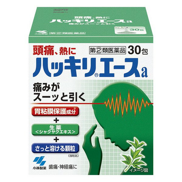 ※パッケージデザイン等は予告なく変更されることがあります ★ 生薬鎮痛成分（シャクヤクエキス）を配合 ★ 胃粘膜保護成分を配合した胃にやさしい頭痛薬です 有効成分のメタケイ酸アルミン酸マグネシウム配合 ★ 眠くなる成分は配合していません 時間を気にせず安心してお飲みいただけます ★ 非アスピリン製剤 ★ 早く溶けるさわやかな緑の顆粒です 効能・効果 頭痛・歯痛・抜歯後の疼痛・咽喉痛・耳痛・関節痛・神経痛・腰痛・筋肉痛・肩こり痛・打撲痛・骨折痛・ねんざ痛・月経痛（生理痛）・外傷痛の鎮痛 悪寒・発熱時の解熱 成分・分量 有効成分 (1日量・3包・2352mg中) 分量 はたらき アセトアミノフェン 690mg 鎮痛、解熱作用 エテンザミド 690mg 鎮痛、解熱作用 カフェイン水和物 225mg 鎮痛補助作用 シャクヤクエキス（原生薬換算量600mg） 150mg 鎮痛作用 メタケイ酸アルミン酸マグネシウム 450mg 胃粘膜保護作用 添加物として、カンゾウエキス末、l-メントール、乳糖、銅クロロフィリンNa、CMC-Ca、ヒドロキシプロピルセルロースを含有する 用法・用量 次の量を1日3回を限度とし、なるべく空腹時をさけて水またはお湯で服用し、服用間隔は4時間以上おいてください 年齢 1回量 1日服用回数 大人（15才以上） 1包 3回まで 11才以上15才未満 2/3包 11才未満 × 服用しないこと 容量 30包 使用上の注意 用法・用量に関する注意 定められた用法・用量を厳守すること 小児に服用させる場合には、保護者の指導監督のもとに服用させること 11才未満の小児には服用させないこと してはいけないこと(守らないと現在の症状が悪化したり、副作用が起きやすくなる 次の人は服用しないこと 本剤または本剤の成分によりアレルギー症状を起こしたことがある人 本剤または他の解熱鎮痛薬、かぜ薬を服用してぜんそくを起こしたことがある人 本剤を服用している間は、次のいずれの医薬品も服用しないこと 他の解熱鎮痛薬、かぜ薬、鎮静薬 服用前後は飲酒をしないこと 長期連用しないこと 相談すること 次の人は服用前に医師、歯科医師、薬剤師または登録販売者に相談すること 医師または歯科医師の治療を受けている人 妊婦または妊娠していると思われる人 水痘（水ぼうそう）もしくはインフルエンザにかかっているまたはその疑いのある乳・幼・小児（15才未満） 高齢者 薬などによりアレルギー症状を起こしたことがある人 次の診断を受けた人：心臓病、腎臓病、肝臓病、胃・十二指腸潰瘍 服用後、次の症状があらわれた場合は副作用の可能性があるので、直ちに服用を中止し、製品の添付文書を持って医師、薬剤師または登録販売者に相談すること 皮ふ・・・発疹・発赤、かゆみ 消化器・・・吐き気・嘔吐、食欲不振 精神神経系・・・めまい その他・・・過度の体温低下 まれに下記の重篤な症状が起こることがある。その場合は直ちに医師の診療を受けること ショック（アナフィラキシー） 服用後すぐに、皮ふのかゆみ、じんましん、声のかすれ、くしゃみ、のどのかゆみ、息苦しさ、動悸、意識の混濁などがあらわれる 皮ふ粘膜眼症候群（スティーブンス・ジョンソン症候群） 中毒性表皮壊死融解症・急性汎発性発疹性膿疱症 高熱、目の充血、目やに、唇のただれ、のどの痛み、皮ふの広範囲の発疹・発赤、赤くなった皮ふの上に小さなブツブツ(小膿疱)が出る、全身がだるい、食欲がないなどが持続したり、急激に悪化する 肝機能障害 発熱、かゆみ、発疹、黄だん（皮ふや白目が黄色くなる）、褐色尿、全身のだるさ、食欲不振などがあらわれる 腎障害 発熱、発疹、尿量の減少、全身のむくみ、全身のだるさ、関節痛（節々が痛む）、下痢などがあらわれる 間質性肺炎 階段を上ったり、少し無理をしたりすると息切れがする・息苦しくなる、空せき、発熱などがみられ、これらが急にあらわれたり、持続したりする ぜんそく 息をするときゼーゼー、ヒューヒューと鳴る、息苦しいなどがあらわれる 5〜6回服用しても症状がよくならない場合は服用を中止し、製品の添付文書を持って医師、歯科医師、薬剤師または登録販売者に相談すること 保管および取扱上の注意 直射日光の当たらない湿気の少ない涼しいところに保管すること 小児の手の届かないところに保管すること 他の容器に入れ替えないこと（誤用の原因になったり品質が変わる） 1包を分割して服用する場合、残った薬剤は袋の口を折り返して保管することまた、保管した残りの薬剤は、その日のうちに服用するか捨てること 製造販売元 小林製薬株式会社 〒567-0057 大阪府茨木市豊川1-30-3 0120-5884-01 製造国 日本 使用期限 使用期限が180日以上あるものをお送りします 商品区分 指定第2類医薬品 広告文責 有限会社　永井(090-8657-5539,072-960-1414)