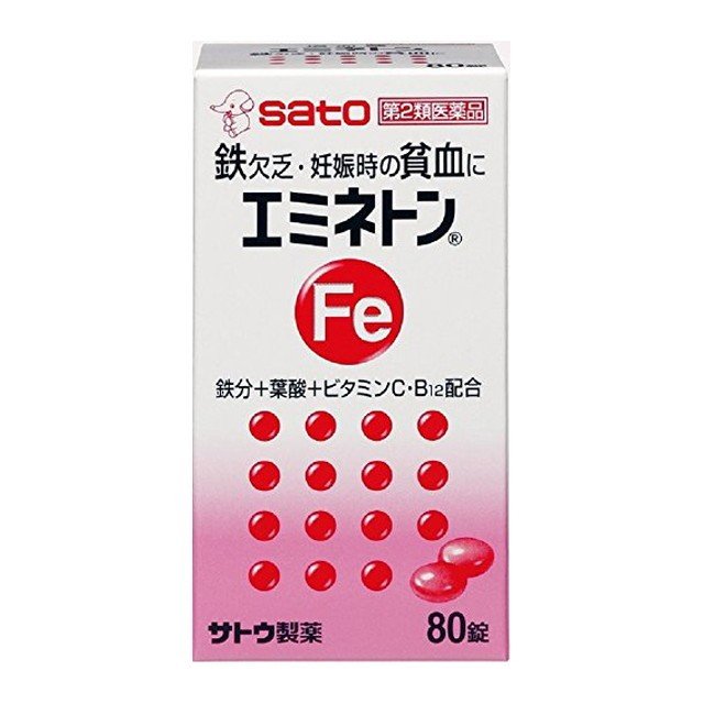 ※パッケージデザイン等は予告なく変更されることがあります ■ 貧血の改善に効果のあるフマル酸第一鉄、ビタミンB12を配合した増血薬です ■ 胃を荒らさないように、銅クロロフィリンカリウム、銅クロロフィリンナトリウムを配合しています ■ 鉄分の吸収を高めるビタミンCを配合しています 効能・効果 一般の鉄欠乏及び諸疾患に伴う貧血 妊娠時の貧血 小児の栄養障害による貧血、虚弱児・腺病質児・発育不良児の増血及び栄養補給 寄生虫性貧血 貧血に原因する全身W怠・動悸 病中・病後の増血及び回復促進 成分・分量 1錠中 成分 分量 はたらき 内核 フマル酸第一鉄 90mg 鉄は赤血球中に存在し、酸素を運ぶヘモグロビンの構成要素で、貧血に効果があります 硫酸銅 0.35mg ヘモグロビンの合成を助けて貧血に効果をあらわします 硫酸コバルト 0.15mg コバルトは骨髄で造血に不可欠なビタミンB12の構成元素です 硫酸マンガン 0.05mg 糖質・脂質・たんぱく質の代謝に役立ち、エネルギーづくりに関与しています 外層 ビタミンB6 3mg 赤血球のヘモグロビン合成をうながします ビタミンB12 10μg ビタミンC 60mg 鉄分の吸収を高めます ビタミンE酢酸エステル 　（酢酸トコフェロール） 5mg 赤血球の生成をうながします 葉酸 1mg 銅クロロフィリンカリウム 1.66mg 胃粘膜を保護して、胃への負担をやわらげます 銅クロロフィリンナトリウム 1.66mg 添加物として、乳糖、バレイショデンプン、ヒドロキシプロピルスターチ、ステアリン酸Mg、タルク、ヒドロキシプロピルセルロース、ポリオキシエチレンポリオキシプロピレングリコール、リン酸水素Ca、セルロース、無水ケイ酸、CMC、硬化油、ポリビニルアセタールジエチルアミノアセテート、ゼラチン、アラビアゴム、炭酸Ca、白糖、酸化チタン、ポビドン、ジメチルポリシロキサン、二酸化ケイ素、黄色5号、赤色3号、カルナウバロウを含有します 用法・用量 下記の1回服用量を食後に服用します 年齢 1回服用量 1日服用回数 大人(15才以上) 2〜3錠 2回 7〜14才 1錠 7才未満 服用しないでください 容量 80錠 使用上の注意 してはいけないこと (守らないと現在の症状が悪化したり、副作用が起こりやすくなります) 本剤を服用している間は、次の医薬品を服用しないでください 他の貧血用薬 相談すること 次の人は服用前に医師又は薬剤師にご相談ください 医師の治療を受けている人 妊婦または妊娠していると思われる人 本人またはご家族がアレルギー体質の人 薬によりアレルギー症状を起こしたことがある人 次の場合は、直ちに服用を中止し、この文書を持って医師又は薬剤師にご相談ください 服用後、次の症状があらわれた場合 皮膚・・・発疹・発赤、かゆみ 消化器・・・食欲不振、胃部不快感、悪心・おう吐、腹痛等 2週間位服用しても症状がよくならない場合 次の症状があらわれることがありますので、このような症状の継続又は増強が見られた場合には、服用を中止し、医師又は薬剤師にご相談ください 便秘、下痢 成分に関連する注意 本剤の服用により、尿及び大便の検査値に影響を与えることがあります。医師の治療を受ける場合は、ビタミンCを含有する製剤を服用していることを医師に知らせてください 本剤は鉄分を含有するため、本剤の服用により、便の色が黒くなることがあります 用法・用量に関連する注意 定められた用法・用量を厳守してください 服用の前後30分はお茶・コーヒー等を飲まないでください 小児に服用させる場合には、保護者の指導監督のもとに服用させてください 保管及び取扱い上の注意 直射日光の当たらない湿気の少ない涼しい所に密栓して保管してください 小児の手の届かない所に保管してください 他の容器に入れ替えないでください （誤用の原因になったり品質が変わるおそれがあります) 使用期限をすぎた製品は、服用しないでください 製造販売元 佐藤製薬株式会社〒107-0051東京都港区元赤坂1-5-27　AHCビルTel　03-5412-7310（代表） 製造国 日本 使用期限 使用期限が180日以上あるものをお送りします 商品区分 第2類医薬品 広告文責 有限会社　永井(090-8657-5539,072-960-1414)　