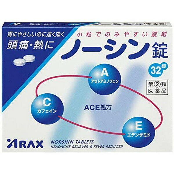 ※商品リニューアル等によりパッケージデザイン及び容量は予告なく変更されることがあります ■ 頭痛によく効く、3つの有効成分を配合したACE処方 胃にやさしいのに速く効く ■ 小粒でのみやすい錠剤です 眠くなる成分や習慣性のある成分は含まれていません 効能・効果 頭痛・歯痛・月経痛(生理痛)・神経痛・関節痛・腰痛・肩こり痛・咽喉痛・耳痛・抜歯後の疼痛・筋肉痛・打撲痛・ねんざ痛・骨折痛・外傷痛の鎮痛 悪寒・発熱時の解熱 成分・分量 2錠中 アセトアミノフェン　300mg エテンザミド　160mg カフェイン水和物　70mg 添加物としてヒドロキシプロピルセルロース、ケイ酸Ca、アルファー化デンプン、ステアリン酸Mgを含有する 用法・用量 大人(15才以上)　1回2錠1日3回を限度とし、なるべく空腹時をさけて服用してください。 服用間隔は4時間以上おいてください 容量 32錠 ご注意 使用上の注意 してはいけないこと(守らないと現在の症状が悪化したり、副作用・事故が起こりやすくなります) 次の人は服用しないでください 本剤又は本剤の成分によりアレルギー症状を起こしたことのある人 本剤又は他の解熱鎮痛薬、かぜ薬を服用してぜんそくを起こしたことがある人 本剤を服用している間は、次のいずれの医薬品も使用しないでください 他の鎮咳去痰薬、かぜ薬、鎮静薬 服用前後は飲酒しないでください 長期連用しないでください 相談すること 次の人は服用前に医師、薬剤師又は登録販売者に相談してください 医師又は歯科医師の治療を受けている人 妊婦又は妊娠していると思われる人 高齢者 薬などによりアレルギー症状を起こしたことがある人 次の診断を受けた人 　心臓病、腎臓病、肝臓病、十二指腸潰瘍 服用後、次の症状があらわれた場合は副作用の可能性があるので、直ちに服用を中止し、この文書を持って医師、薬剤師又は登録販売者に相談してください 皮ふ・・・発疹・発赤、かゆみ 消化器・・・吐き気・嘔吐、食欲不振 精神神経系・・・めまい その他・・・過度の体温低下 まれに下記の重篤な症状が起こることがあります。その場合は直ちに医師の診療を受けてください ショック（アナフィラキシー）、皮膚粘膜眼症候群（スティーブンス・ジョンソン症候群）、中毒性表皮壊死融解症、急性汎発性発疹制膿疱症、肝機能障害、腎障害、間質性肺炎、ぜんそく 5〜6回服用しても症状がよくならない場合は服用を中止し、この文書を持って医師、薬剤師又は登録販売者に相談してください 用法・用量に関連する注意 定められた用法・用量を厳守してください 保管及び取り扱い上の注意 直射日光の当たらない湿気の少ない涼しい所に保管してください 小児の手の届かない所に保管してください 他の容器に入れ替えないでください（誤用の原因になったり品質が変わります） 使用期限を過ぎた製品は服用しないでください 製造販売元 株式会社 アラクス 〒460-0002 名古屋市中区丸の内3丁目2-26 TEL:052-951-7211 使用期限 使用期限が180日以上あるものをお送りします 製造国 日本 商品区分 指定第2類医薬品 広告文責 有限会社　永井 (072-960-1414・090-8657-5539) 　