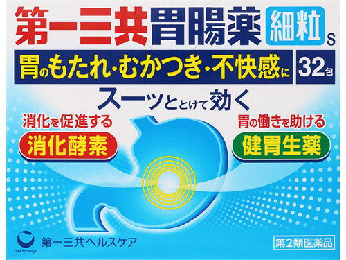 してはいけないこと 1．次の人は服用しないで下さい。 　透析療法を受けている人 2．長期連用しないで下さい。 相談すること 1．次の人は服用前に医師，薬剤師又は登録販売者に相談して下さい。 　（1）医師の治療を受けている人 　（2）薬などによりアレルギー症状を起こしたことがある人 　（3）次の診断を受けた人 　　腎臓病 2．服用後，次の症状があらわれた場合は副作用の可能性がありますので，直ちに服用を中止し，この文書を持って医師，薬剤師又は登録販売者に相談して下さい。 ［関係部位：症状］ 皮膚：発疹・発赤，かゆみ 3．服用後，次の症状があらわれることがありますので，このような症状の持続又は増強が見られた場合には，服用を中止し，この文書を持って医師，薬剤師又は登録販売者に相談して下さい。 　便秘，下痢 4．2週間位服用しても症状がよくならない場合は服用を中止し，この文書を持って医師，薬剤師又は登録販売者に相談して下さい。 効能・効果 もたれ、食べ過ぎ、飲み過ぎ、胸つかえ、食欲不振、胸やけ、胃痛、胃酸過多、 胃重、胃部不快感、げっぷ、消化不良、消化促進、胃弱、胃部・腹部膨満感、 はきけ（むかつき、二日酔・悪酔のむかつき、悪心）、嘔吐 用法・用量 次の量を水又はお湯で服用して下さい。 年齢 1回量 15歳以上 1包 11歳以上15歳未満 2/3包 8歳以上11歳未満 1/2包 5歳以上8歳未満 1/3包 3歳以上5歳未満 1/4包 1日服用回数 3回 3歳未満 服用しないで下さい。 用法関連注意 （1）用法・用量を厳守して下さい。 （2）11歳以上の幼小児に服用させる場合には，保護者の指導監督のもとに服用させて下さい。 成分・分量 3包中 成分 分量 タカヂアスターゼN1 150mg リパーゼAP12 60mg アカメガシワエキス 63mg （アカメガシワとして504mg） カンゾウ末 150mg ケイ酸アルミン酸マグネシウム 1200mg 合成ヒドロタルサイト 450mg 水酸化マグネシウム 600mg オウバク末 105mg ケイヒ末 225mg ウイキョウ末 60mg チョウジ末 30mg ショウキョウ末 75mg l-メントール 9mg 保管及び取扱上の注意 （1）直射日光の当たらない湿気の少ない涼しい所に保管して下さい。 （2）小児の手の届かない所に保管して下さい。 （3）他の容器に入れ替えないで下さい。（誤用の原因になったり品質が変わります） （4）1包を分割した残りを服用する場合は，袋の口を折り返して保管し，2日以内に服用して下さい。 （5）表示の使用期限を過ぎた製品は使用しないで下さい。 &nbsp;規格詳細 第2類医薬品 &nbsp;発売元 第一三共ヘルスケア &nbsp;広告文責 &nbsp;(株)せいき　薬剤師　大黒　貴和　0721-50-0232　日本製　 　 製造・取扱中止・長期欠品の場合はキャンセル処理をさせて頂く場合がございます。 パッケージデザイン等は予告なく変更されることがあります。予めご了承下さい。 メーカー取り寄せのため、ご注文確定後、3〜7日以内に発送予定（土日祝除く）。 期限がある商品は1年以上あるものを発送します。