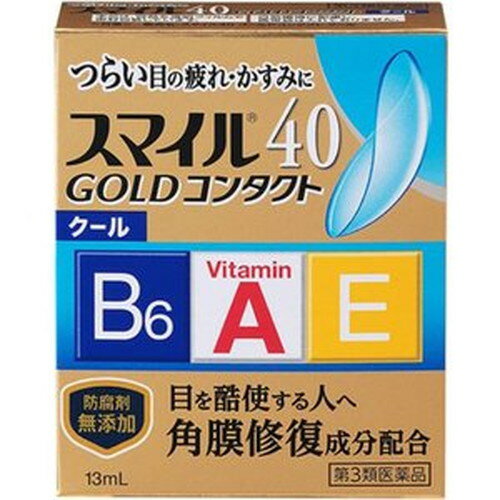 ◆商品説明◆コンタクトに影響せず，有効成分※が瞳に浸透し，つらい目の疲れ・かすみを治す！　※3種のビタミン■一般点眼薬にも配合している有効成分ビタミンA：角膜修復促進ビタミンB6：新陳代謝促進ビタミンE：血行促進コンドロイチン硫酸エステルナトリウム：角膜保護■カラーコンタクトレンズをのぞくすべてのコンタクトレンズ装用中に使えます。ソフト・ハード・O2・使い捨てコンタクトレンズを装着されていない方もご使用いただけます。防腐剤無添加スマイルの独自技術により防腐効果を持たせています。使用期限や保管方法は防腐剤配合の目薬と同様です。防腐剤（ベンザルコニウム塩化物など）を配合していません。■内容量　13ml■効能・効果目の疲れ，目のかすみ（目やにの多いときなど），ソフトコンタクトレンズ又はハードコンタクトレンズを装着しているときの不快感，眼病予防（水泳のあと，ほこりや汗が目に入ったときなど）■使用上の注意●相談すること1．次の人は使用前に医師，薬剤師又は登録販売者に相談してください　（1）医師の治療を受けている人。　（2）薬などによりアレルギー症状を起こしたことがある人。　（3）次の症状のある人。はげしい目の痛み　（4）次の診断を受けた人。緑内障2．使用後，次の症状があらわれた場合は副作用の可能性があるので，直ちに使用を中止し，この文書を持って医師，薬剤師又は登録販売者に相談してください［関係部位：症状］皮膚：発疹・発赤，かゆみ目：充血，かゆみ，はれ，しみて痛い3．次の場合は使用を中止し，この文書を持って医師，薬剤師又は登録販売者に相談してください　（1）目のかすみが改善されない場合。　（2）2週間位使用しても症状がよくならない場合。■成分・分量100mL中レチノールパルミチン酸エステル 30000単位、酢酸d-α-トコフェロール0.05g、ピリドキシン塩酸塩0.04g、コンドロイチン硫酸エステルナトリウム0.05g●添加物ホウ酸，ホウ砂，トロメタモール，等張化剤，エデト酸ナトリウム，ポリオキシエチレン硬化ヒマシ油，ポリソルベート80，プロピレングリコール，l-メントール，pH調節剤■用法・用量1日3?6回，1回1?2滴を点眼してください。●用法関連注意（1）小児に使用させる場合には，保護者の指導監督のもとに使用させてください。（2）容器の先を目やまぶた，まつ毛に触れさせないでください（汚染や異物混入（目やにやほこり等）の原因になります。）。また，混濁したものは使用しないでください。（3）点眼用にのみ使用してください。■保管及び取扱い上の注意（1）直射日光の当たらない涼しい所に密栓して保管してください。品質を保持するため，自動車内や暖房器具の近くなど高温の場所（40℃以上）に放置しないでください。（2）小児の手の届かない所に保管してください。（3）他の容器に入れ替えないでください（誤用の原因になったり品質が変わります。）。（4）他の人と共用しないでください。（5）使用期限（外箱の底面に書いてあります）の過ぎた製品は使用しないでください。なお，使用期限内であっても一度開封した後は，なるべく早く（1?2ヶ月を目安に）ご使用ください。（6）容器を横にして点眼したり，保存の状態によっては，容器の先やキャップ部分に成分の結晶が付着することがあります。その場合には清潔なガーゼで軽くふき取ってご使用ください。（7）品質保持のため脱酸素剤が入っています。透明フィルム開封後は脱酸素剤を捨ててください。◇自然環境に配慮し，携帯袋は入れておりません。 規格詳細 第3類医薬品 発売元 ライオン株式会社 原産国 日本 広告文責 (株)せいき　薬剤師　大黒　貴和　0721-50-0232 ★★★ご注意★★★製造・取扱中止の場合はキャンセル処理をさせて頂く場合がございます。パッケージデザイン等は予告なく変更されることがあります。予めご了承下さい。ご注文確定後、3〜5日営業日以内に発送。期限がある商品は1年以上あるものを発送します。