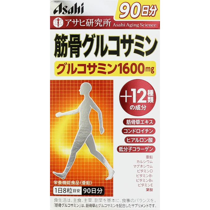 ◆商品説明◆ ○アサヒ研究所が研究している「筋骨草」に、グルコサミンを配合したサプリメントです。 ○グルコサミン1600mg 年齢とともに体内から減っていくグルコサミンを1日目安あたりしっかり1600mg配合。 ○筋骨草エキス ○12種類の成分 筋骨草をはじめ、コンドロイチン・ヒアルロン酸・低分子コラーゲンなど計12種類の成分をプラス。グルコサミンと一緒に効率的に補えます。 ○飲みやすい粒 しかも1日8粒 アサヒ研究所にて感性工学の考え方に基づいた“飲み込みやすい粒”に仕上げました。さらに毎日続けられるよう、1日あたり8粒にしました。 ○栄養機能食品＜亜鉛＞ 表示成分 ＜原材料＞ 豚コラーゲンペプチド（ゼラチン）、筋骨草エキス末（デキストリン、筋骨草エキス）、コンドロイチン含有サメ軟骨エキス末（デキストリン、サメ軟骨エキス）、ヒアルロン酸、グルコサミン（エビ・カニ由来）、セルロース、貝Ca、グルコン酸亜鉛、酸化Mg、ステアリン酸Ca、糊料（プルラン）、酢酸ビタミンE（乳成分を含む）、セラック、ビタミンD、ビタミンB6、ビタミンB1、葉酸 ＜栄養成分表示＞ 1日8粒（2576mg）当たり 亜鉛・・・7mg（100％） ビタミンE・・・8mg（100％） カルシウム・・・50mg マグネシウム・・・30mg ビタミンD・・・5μg ビタミンB1・・・1mg ビタミンB6・・・1mg 葉酸・・・200μg ※（）内の数値は栄養素等表示基準値に占める割合です。 グルコサミン・・・1600mg ○製造工程中で、8粒に以下の成分を配合しています。 コンドロイチン含有サメ軟骨エキス末・・・10mg 筋骨草エキス末・・・100mg コラーゲン・・・100mg ヒアルロン酸・・・1mg 用法・用量/使用方法 ＜食べ方＞ 1日8粒を目安に、水またはお湯とともにお召し上がりください。 規格詳細 &nbsp; 発売元 アサヒフードアンドヘルスケア（株） 広告文責 (株)せいき　薬剤師　大黒　貴和　0721-50-0232　日本製 製造・取扱中止の場合はキャンセル処理をさせて頂く場合がございます。 パッケージデザイン等は予告なく変更されることがあります。予めご了承下さい。　