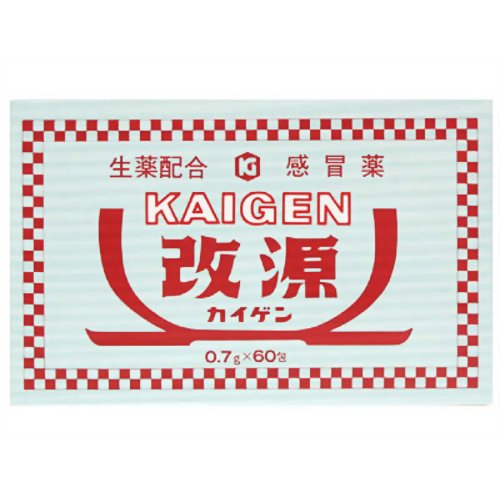 ◆商品説明◆ ■かぜのひきはじめののどの痛みや発熱，頭痛などの症状に効くかぜ薬です。 ■かぜの諸症状に効く洋薬成分に加えて，3種類の生薬成分（カンゾウ末，ケイヒ末，ショウキョウ末）が自己治癒力を高め，体の回復を助けます。 ■眠くなったり，口が渇いたり，尿が出にくくなる成分（抗ヒスタミン剤）や便秘を起こしやすい成分（ジヒドロコデインリン酸塩）が入っていない非ピリン系のかぜ薬です。 ■お子様から大人まで家族みなさんで服用いただけます。 ■改源は粉末のお薬で，服用しやすいように味や香りを工夫しています。 使用上の注意 ■してはいけないこと （守らないと現在の症状が悪化したり，副作用・事故が起こりやすくなります） 1．次の人は服用しないでください 　（1）本剤又は本剤の成分によりアレルギー症状を起こしたことがある人。 　（2）本剤又は他のかぜ薬，解熱鎮痛薬を服用してぜんそくを起こしたことがある人。 2．本剤を服用している間は，次のいずれの医薬品も使用しないでください 　他のかぜ薬，解熱鎮痛薬，鎮静薬，鎮咳去痰薬 3．服用前後は飲酒しないでください 4．長期連用しないでください ■相談すること 1．次の人は服用前に医師，薬剤師又は薬剤師に相談してください 　（1）医師又は歯科医師の治療を受けている人。 　（2）妊婦又は妊娠していると思われる人。 　（3）授乳中の人。 　（4）高齢者。 　（5）薬などによりアレルギー症状を起こしたことがある人。 　（6）次の症状のある人。 　　高熱 　（7）次の診断を受けた人。 　　甲状腺機能障害，糖尿病，心臓病，高血圧，肝臓病，腎臓病，胃・十二指腸潰瘍 2．服用後，次の症状があらわれた場合は副作用の可能性があるので，直ちに服用を中止し，この説明文書を持って医師，薬剤師又は薬剤師に相談してください ［関係部位：症状］ 皮膚：発疹・発赤，かゆみ 消化器：吐き気・嘔吐，食欲不振 精神神経系：めまい その他：過度の体温低下 　まれに下記の重篤な症状が起こることがあります。その場合は直ちに医師の診療を受けてください。 ［症状の名称：症状］ ショック（アナフィラキシー）：服用後すぐに，皮膚のかゆみ，じんましん，声のかすれ，くしゃみ，のどのかゆみ，息苦しさ，動悸，意識の混濁等があらわれる。 皮膚粘膜眼症候群（スティーブンス・ジョンソン症候群）：高熱，目の充血，目やに，唇のただれ，のどの痛み，皮膚の広範囲の発疹・発赤，赤くなった皮膚上に小さなブツブツ（小膿疱）が出る，全身がだるい，食欲がない等が持続したり，急激に悪化する。 中毒性表皮壊死融解症：高熱，目の充血，目やに，唇のただれ，のどの痛み，皮膚の広範囲の発疹・発赤，赤くなった皮膚上に小さなブツブツ（小膿疱）が出る，全身がだるい，食欲がない等が持続したり，急激に悪化する。 急性汎発性発疹性膿疱症：高熱，目の充血，目やに，唇のただれ，のどの痛み，皮膚の広範囲の発疹・発赤，赤くなった皮膚上に小さなブツブツ（小膿疱）が出る，全身がだるい，食欲がない等が持続したり，急激に悪化する。 肝機能障害：発熱，かゆみ，発疹，黄疸（皮膚や白目が黄色くなる），褐色尿，全身のだるさ，食欲不振等があらわれる。 腎障害：発熱，発疹，全身のむくみ，全身のだるさ，関節痛（節々が痛む），下痢等があらわれる。 間質性肺炎：階段を上ったり，少し無理をしたりすると息切れがする・息苦しくなる，空せき，発熱等がみられ，これらが急にあらわれたり，持続したりする。 ぜんそく：息をするときゼーゼー，ヒューヒューと鳴る，息苦しい等があらわれる。 3．5〜6回服用しても症状がよくならない場合は服用を中止し，この説明文書を持って医師，薬剤師又は薬剤師に相談してください 効能・効果 かぜの諸症状（のどの痛み，せき，たん，悪寒，発熱，頭痛，関節の痛み，筋肉の痛み）の緩和 用法・用量 次の1回量を1日3回，食後なるべく30分以内に茶湯又は湯水で服用してください。 ［年齢：1回量］ 15才以上：1包 11才以上〜15才未満：2／3包 7才以上〜11才未満：1／2包 3才以上〜7才未満：1／3包 1才以上〜3才未満：1／4包 1才未満：服用させないでください 用法関連注意 （1）定められた用法・用量を厳守してください。 （2）小児に服用させる場合には，保護者の指導監督のもとに服用させてください。 （3）2才未満の乳幼児には，医師の診療を受けさせることを優先し，止むを得ない場合にのみ服用させてください。 成分分量 3包(2.1g)中 アセトアミノフェン 900mg dl-メチルエフェドリン塩酸塩 30mg 無水カフェイン 75mg カンゾウ末 200mg ケイヒ末 200mg ショウキョウ末 100mg 添加物 アマチャ末，l-メントール，d-ボルネオール，チョウジ油，バニリン，香料，無水リン酸水素カルシウム 保管及び取扱い上の注意 （1）直射日光の当たらない湿気の少ない涼しい所に保管してください。 （2）小児の手の届かない所に保管してください。 （3）1包を分割し服用した残りは，包み紙をもとどおりに折り返して保管し，2日以内に服用してください。 （4）他の容器に入れかえないでください。（誤用の原因になったり品質が変わります。） （5）外箱に表示の使用期限を過ぎた製品は服用しないでください。 規格詳細 【指定第2類医薬品】 発売元 カイゲンファーマ株式会社 広告文責 (株)せいき　薬剤師　大黒　貴和　0721-50-0232　日本製 製造・取扱中止の場合はキャンセル処理をさせて頂く場合がございます。 パッケージデザイン等は予告なく変更されることがあります。予めご了承下さい。　