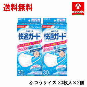 送料無料 2個セット 白元アース 快適ガードマスク ふつうサイズ30枚入×2個セット 衛生 マスク お徳用【個別包装】