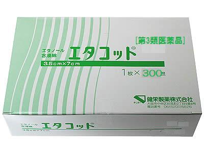 ■内容量：1枚×300包■製品特徴◆エタコットは、1包中に、消毒用エタノールと同じ濃度の76.9-81.4vol%のエタノールを1.0ml含有するエタノール含浸綿です。◆皮膚の消毒や医療用具の消毒にもご利用いただけます。◆インスリン自己注射時等の皮膚の消毒や、ピンセットや体温計などの医療用具の消毒にお使いください。◆使いきりのパックタイプなので、揮発による薬液含量低下がなく、微生物汚染による感染の心配がなく衛生的で便利です。◆携帯にも便利でいつでもどこでも手軽に使用できます。◆毛羽立ちが少ない脱脂綿を使用していますので、消毒部位の繊維残留を抑えます。■試験結果◆殺菌効果(in vitro試験)グラム陽性菌、グラム陰性菌及び消毒薬抵抗性が非常に強い非定型抗酸菌7菌種に対し、エタコット薬液のin vitroにおける殺菌効果について試験した結果、エタコット薬液は消毒用エタノールと同様に、いずれの供試菌に対しても15秒以内に殺菌し、70%イソプロパノールに比べ、優れた殺菌効果が確認されました。◆ウイルス不活性効果(in vitro試験)6様のウイルス(コクサッキーウイルスB5型、ポリオウイルス1型、エンテロウイルス70型、アデノウイルス5型、A型インフルエンザウイルス、日本脳炎ウイルス)に対し、エタコット薬液のin vitroにおけるウイルス不活性化効果について試験した結果、エタコット薬液及び消毒用エタノールは。70％イソプロパノールに比べ、優れた不活性効果が確認されました。●例1：コクサッキーウイルスB5型の不活性化時間エタコット薬液：5分消毒用エタノール：15分70％イソプロパノール：効果なし●例2：アデノウイルス5型の不活性化時間エタコット薬液：1分消毒用エタノール：1分70％イソプロパノール：15分■使用上の注意■してはいけないこと■(守らないと現在の症状が悪化したり、副作用が起こりやすくなる)次の部位には使用しないこと。・粘膜、創傷面。▲相談すること▲次の人は使用前に医師又は薬剤師に相談すること。・医師の治療を受けている人。・薬によりアレルギー症状を起こしたことがある人。・患部が広範囲の人。・深い傷やひどいやけどの人。次の場合は、直ちに使用を中止し、商品添付文書を持って医師又は薬剤師に相談すること。・使用後、次の症状があらわれた場合。皮ふ：発疹、発赤、かゆみ長期連用する場合には、医師又は薬剤師に相談すること。●その他の注意●本剤の使用により、アレルギーテストの検査に影響を及ぼすことがある。■効果・効能手指、皮ふの消毒、医療用具の消毒。■用法・用量そのまま塗擦、清浄用として用いる。【用法・用量に関する注意】・目に入らないように注意すること。万一、目に入った場合は、すぐに水又はぬるま湯で洗い、直ちに眼科医の診療を受けること。・過度に使用すると、脱脂等による皮ふ荒れを起こすことがある。・広範囲又は長時間使用する場合には、蒸気の吸入に注意すること。・小児に使用させる場合には、保護者の指導監督のもとに使用させること。・外用にのみ使用すること。・アルコール分がタンパク質を凝固させ、内部にまで浸透しないとこがあるので、医療用具等を清拭する際は血清膿汁等を十分に洗い落としてから使用すること。■成分・含量（1包中）76.9-81.4vol%エタノール　　1.0mL日局　脱脂綿(3.5cm*7cm、1枚)　0.2g添加物としてイソプロパノール(溶剤)3.7vol%を含有する。 ■保管及び取扱い上の注意・直射日光の当たらない涼しいところに密栓して保管すること。・小児の手の届かない所に保管してください。・他の容器に入れかえないこと。(誤用の原因になったり品質が変わる。)・火気に近づけないこと。・綿の表面又は内部に、小さなしみのような黒又は黄色の斑点状のものは、ワタの種子である。(変質したものでない。)■お問い合わせ先こちらの商品につきましては、当店（ドラッグピュア）または、下記へお願いします。健栄製薬株式会社541-0044 大阪市中央区伏見町2丁目5番8号電話番号 06-6231-5626【受付時間】8：45-17：30（土・日・祝日除く）■メキシコより発生した気になる“豚（ブタ）インフルエンザウイルスA型H1N1”とは？■■予防法は、通常のインフルエンザと同じです。★移らない移さないための【咳エチケット】について（厚生労働省ホームページより）・せき、くしゃみでつばきが周囲に飛ばないよう、マスク（不織布製推奨）を着用する。・マスク着用ができない場合は、人がいない方向へすること（2メートル離れることが望ましい）・せき、くしゃみする際に押さえた手は、ただちに石鹸で15秒以上洗う。外から帰った時も同様に手洗いをする。・外出先では、手洗いできない場合に備えて、アルコール製剤またはアルコール綿の携帯を推奨。・使ったティッシュはゴミ箱へ。この他にも・十分に休養をとり、体力や抵抗力を高める。・日頃からバランスよく栄養をとる。・流行地への渡航、人混みや繁華街への外出を控える。・移動時も、人ごみの多い公共交通機関の利用はなるべく避ける。広告文責：株式会社ドラッグピュアSN神戸市北区鈴蘭台北町1丁目1-11-103TEL:0120-093-849製造販売者：健栄製薬株式会社541-0044 大阪市中央区伏見町2丁目5番8号電話番号 06-6231-5626区分：第3類医薬品・日本製文責：登録販売者　松田誠司引火性固体・危険等級III・火気厳禁■ 関連商品健栄製薬お取り扱い商品エタコットシリーズ大木製薬株式会社　FSC・F-99E　FFP2ウイルス対策マスクサージカルマスク玉川衛材　フィッティ 吸着分解マスク＜手指や用品の除菌・殺菌・消毒に＞兼一薬品工業　カネパスとカネパスソフト【カテキン製剤】ピュアフェノン【健康食品】節々が痛む風邪の初期に。麻黄湯【第2類医薬品】4日以上の長引く風邪に。柴胡桂枝湯【第2類医薬品】