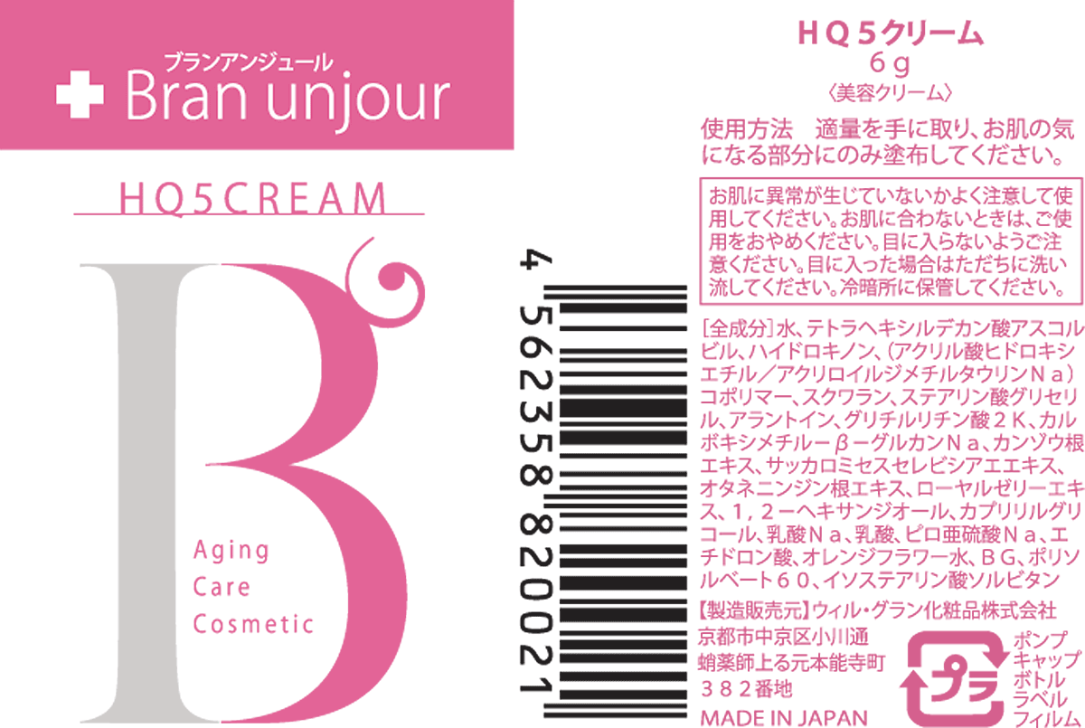 【本日楽天ポイント5倍相当】【メール便で送料無料 ※定形外発送の場合あり】ウィル・グラン化粧品株式会社　ブランアンジュール　HQ5クリーム　6g＜ハイドロキノン5%+ビタミンC誘導体5%＞【化粧品】【ドラッグピュア楽天市場店】【RCP】