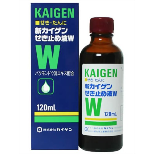 内容量：120ml (約3日分) ■商品説明 「新カイゲンせき止め液W 120ml」は、せき・たんに効くせき止め液です。かぜなどでせきが出る時、多くの場合たんを伴いますが、これを排出させるために体力を消費し、また睡眠もさまたげられます。本品はせきをしずめる成分に加え、たんを伴うせきによく効く生薬去痰成分のキキョウエキス、バクモンドウ流エキス配合の服用しやすい液剤です。医薬品。 【使用上の注意】 ■してはいけないこと (守らないと現在の症状が悪化したり、副作用・事故が起こりやすくなります) 1.過量服用、長期連用しないでください 2.本剤を服用している間は、次のいずれの医薬品も服用しないでください 他の鎮咳去痰薬、かぜ薬、抗ヒスタミン剤を含有する内服薬(鼻炎用内服薬、乗物酔い薬、アレルギー用薬)、鎮静薬 3.服用後、乗物又は機械類の運転操作をしないでください(眠気があらわれることがあります) ■相談すること 1.次の人は服用前に医師又は薬剤師に相談してください (1)医師又は歯科医師の治療を受けている人。 (2)妊婦又は妊娠していると思われる人。 (3)授乳中の人。 (4)高齢者。 (5)本人又は家族がアレルギー体質の人。 (6)薬によりアレルギー症状を起こしたことがある人。 (7)次の症状のある人。 高熱、排尿困難 次の診断を受けた人。 (8)次の診断を受けた人。 心臓病、高血圧、糖尿病、甲状腺機能障害、緑内障 2.次の場合は、直ちに服用を中止し、この文書を持って医師又は薬剤師に相談してください (1)服用後、次の症状があらわれた場合 (関係部位：症状) 皮ふ：発疹・発赤、かゆみ 消化器：悪心、嘔吐、食欲不振 精神神経系：めまい その他：排尿困難 (2)5-6回服用しても症状がよくならない場合 3.次の症状があらわれることがありますので、このような症状の継続又は増強が見られた場合には、服用を中止し、医師又は薬剤師に相談してください。 便秘、口のかわき 【原産国】 日本 【効能・効果】 せき、たん 【用法・用量】 次の1回量を1日4回食後および就寝前に服用してください。 なお、場合によっては1日6回まで服用してもよいが、この場合には約4時間の間隔をおいてください。 (年齢：1回量) 15才以上：10ml 11才以上15才未満：6.6ml 8才以上11才未満：5ml 5才以上8才未満：3.3ml 1才以上5才未満：2ml (用法・用量に関連する注意) (1)定められた用法、用量を厳守してください。 (2)小児に服用させる場合には、保護者の指導監督のもとに服用させてください。 (3)1才未満には服用させないでください。 【成分・分量】 30ml中に次の成分を含んでいます (成分：含量：作用) リン酸ジヒドロコデイン30mg せき中枢に働いてせきをしずめる。 dl-塩酸メチルエフェドリン75mg 気管支をひろげ、せきをしずめる。 グアヤコールスルホン酸カリウム270mg 気道粘膜についているたんをうすめて出しやすくすると共にせきをしずめる。 マレイン酸クロルフェニラミン12mg かぜの初期にみられる鼻水、鼻づまり、くしゃみなどのアレルギー症状をやわらげます。 無水カフェイン60mg 各成分の働きをたすけ、ねむけを除きます。 キキョウエキス(キキョウとして960mg)240mg 共に生薬去痰成分で、これらに含まれる主成分のサポニンが、気管支を刺激して反射的に粘液の分泌を促し、粘とうなたんをうすめて流動をよくし、たんを出やすくする。 バクモンドウ流エキス(バクモンドウとして1250mg)1.25ml ●添加物としてクエン酸、クエン酸Na、白糖、高果糖液糖、パラベン、安息香酸Na、デヒドロ酢酸Na、カラメル、香料、エタノール、エチルバニリン、バニリンを含有します。 ■剤型：液剤 【保管および取扱い上の注意】 (1)直射日光の当らない湿気の少ない涼しい所に保管してください。 (2)小児の手の届かない所に保管してください。 (3)他の容器に入れ替えたりしないでください。(誤用の原因になったり品質が変わります。) (4)使用後は、汚染を防ぐため、ビンのフタをよくしめてください。 (5)本剤は、生薬エキスを配合していますので、わずかな濁りを生ずることもありますが、効果には変わりありませんので、よく振ってからご使用ください。 (6)外箱に表示の期限内にご使用ください。 株式会社カイゲン　お客様相談室TEL:06-6202-8911受付 時間9：00-17：00(土、日、祝日を除く)広告文責：株式会社ドラッグピュア作成：201805ok神戸市北区鈴蘭台北町1丁目1-11-103TEL:0120-093-849製造販売者：堺化学工業株式会社発売元：株式会社カイゲン区分：第(2)類医薬品・日本製登録販売者：松田誠司 ■ 関連商品 ■株式会社カイゲン　取り扱い商品■■風邪に　関連商品■