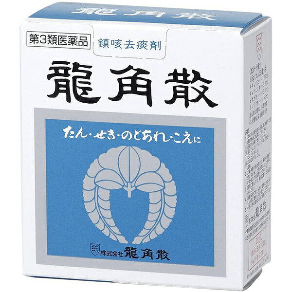 内容量：20g ■商品説明 「龍角散 20g」は、鎮咳去痰作用を活発にする生薬(キキョウ・セネガ・キョウニン・カンゾウ)を主成分としたノドの薬です。ノドが炎症を起こして痛んだり、たんがからんでいるときに「龍角散」を飲むと、ノドの粘膜をひろくおおい、気管内面からの粘液の分泌を高めてタンの排出を容易にします。キキョウ・セネガの有効成分サポニン配糖体が、直接ノドに作用して、タンを切りセキを鎮めます。 細かい粉末状の散剤ですので、水なしでお飲みいただけます。お子様からお年寄りまで、ご家族みなさまにいつでもご利用いただける家庭常備薬です。20g入り。医薬品。 【使用上の注意】 ■相談すること 1.次の人は服用前に医師又は薬剤師に相談してください。 (1)医師の治療を受けている人。 (2)本人又は家族がアレルギー体質の人。 (3)薬によりアレルギー症状を起こしたことがある人。 (4)次の症状のある人。 高熱 2.次の場合は、直ちに服用を中止し、この説明文を持って医師又は薬剤師に相談してください。 (1)服用後、次の症状があらわれた場合 （関係部位：症状） 皮ふ：発疹・発赤・かゆみ 消化器：悪心・嘔吐・食欲不振 精神神経系：めまい (2)5-6回服用しても症状がよくならない場合 【効能・効果】 セキ、タン、ノドの炎症による声がれ・ノドの荒れ・ノドの不快感・ノドの痛み・ノドのはれに有効。 【用法・用量】 次の量を添付のさじ(一杯0.3g)で服用してください。 （年齢：1回量：1日服用回数） 大人(15歳以上)：1杯：3-6回 11歳以上15歳未満：2/3杯：3-6回 8歳以上11歳未満：1/2杯：3-6回 5歳以上8歳未満：1/3杯：3-6回 3歳以上5歳未満：1/4杯：3-6回 1歳以上3歳未満：1/5杯：3-6回 3ヶ月以上1歳未満：1/10杯：3-6回 3ヶ月未満：服用しないこと ●龍角散は直接ノドの粘膜に作用して、効果をあらわす薬です。 ●必ず、水なしでお飲みください。 (用法・用量に関する注意) 小児に服用させる場合には、保護者の指導監督のもとに服用させてください。 【成分・分量】 1.8g(大人の1日量)中 （成分：含量） キキョウ末70mg キョウニン末5.0mg セネガ末3.0mg カンゾウ末50mg 添加物：炭酸Ca、リン酸水素Ca、炭酸Mg、安息香酸、香料 ■剤型：粉末状の散剤 【保管および取扱い上の注意】 (1)小児の手のとどかない場所に保管してください。 (2)直射日光をさけ、なるべく湿気の少ない涼しい場所に保管してください。 (3)他の容器に入れ替えないでください。(誤用の原因になったり、品質が変わることがあります。) (4)使用期限(外箱に記載)を過ぎたものは服用しないでください。 ■お問い合わせ先こちらの商品につきましての質問や相談につきましては、当店（ドラッグピュア）または下記へお願いします。会社名：株式会社龍角散東京都千代田区東神田2-5-12電話：03-3866-1326受付時間：10：00〜17：00（土，日，祝日を除く）広告文責：株式会社ドラッグピュア作成：201805ok神戸市北区鈴蘭台北町1丁目1-11-103TEL:0120-093-849製造元：株式会社龍角散区分：第3類医薬品・日本製文責：登録販売者　松田誠司 ■ 関連商品 ■のど飴■■株式会社龍角散■