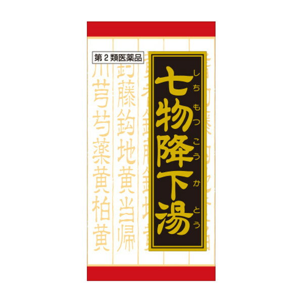 内容量：720錠（240錠×3）【製品特徴】■身体虚弱の傾向がある人で、高血圧に伴う随伴症状（のぼせ、肩こり、耳なり、頭重）に効果があります。■剤　型・錠　剤。■効　能身体虚弱の傾向のあるものの次の諸症：・高血圧に伴う随伴症状（のぼせ、肩こり、耳なり、頭重）■用法・用量1日3回食前又は食間に水又は白湯にて服用。・成人（15才以上）・・・1回4錠・15才未満・・・服用しないこと。■成　分1日分12錠（1錠400mg)中・七物降下湯エキス粉末・・・2,000mg（チョウトウコウ2g、ジオウ・トウキ・センキュウ・シャクヤク・オウギ各1.5g、オウバク1gより抽出。）・添加物として、ケイ酸AI、セルロース、ステアリン酸Mg、CMC-Caを含有する。【使用上の注意】・相談すること1.次の人は服用前に医師又は薬剤師に相談してください。(1)医師の治療を受けている人。(2)妊婦又は妊娠していると思われる人。(3)胃腸が弱く下痢しやすい人。2.次の場合は、直ちに服用を中止し、商品添付説明文書を持って医師又は薬剤師に相談してください。(1)服用後、次の症状があらわれた場合。・皮 ふ ：発疹・発赤、かゆみ。 ・消化器 ：食欲不振、胃部不快感。 (2)1ヵ月位服用しても症状がよくならない場合。3.次の症状があらわれることがありますので、このような症状の継続又は増強が見られた場合には、服用を中止し、医師又は薬剤師に相談してください。・下痢。【保管及び取扱上の注意】1.直射日光の当たらない湿気の少ない涼しい所に保管してください。2.小児の手の届かない所に保管してください。3.他の容器に入れ替えないでください。※誤用・誤飲の原因になったり品質が変わるおそれがあります。4.使用期限をすぎた製品は、使用しないでください。【お問い合わせ先】こちらの商品につきましての質問や相談につきましては、当店（ドラッグピュア）または下記へお願いします。クラシエ薬品株式会社 お客様相談窓口TEL:03(5446)3334受付時間 10：00-17：00(土、日、祝日を除く)広告文責：株式会社ドラッグピュア○NM神戸市北区鈴蘭台北町1丁目1-11-103TEL:0120-093-849製造販売者：クラシエ薬品株式会社区分：第2類医薬品・日本製文責：登録販売者　松田誠司 おなじみ富士産業のカイアポ＋ニャンガビル！カイアクロンのページリンゴポリフェノール・カラダが喜ぶアップルフェノンSW細胞賦活用薬「ルミンA」関連商品はこちら 塗るルミン感光色素クリーム林原のピオクリーンアラキドン酸代謝阻害非ステロイド・EPA・DHA配合ダイアフラジン軟膏シコン配合皮膚細胞の再生に 赤色ワグラス軟膏