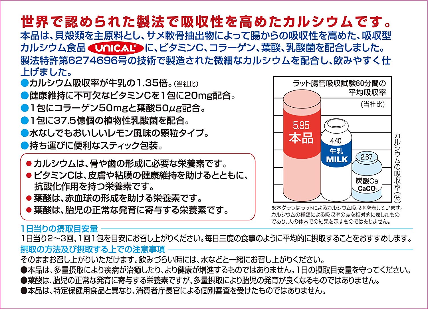 【本日楽天ポイント5倍相当】ユニカ食品株式会社　吸収型カルシウム+ビタミンC・コラーゲン・葉酸・乳酸菌 2.2gx60包入【+おまけ2包つき】【栄養機能食品(カルシウム・ビタミンC・葉酸)】＜UNICAL配合＞（発送までお時間を頂く場合がございます） 3