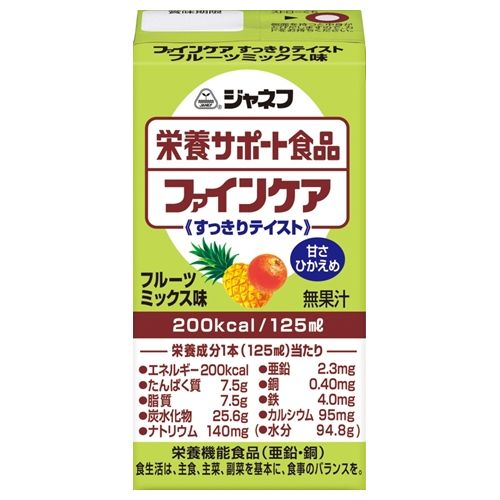 【商品説明】・ 亜鉛は、味覚を正常に保つのに必要な栄養素で、皮膚や粘膜の健康維持を助けるとともに、たんぱく質・核酸の代謝に関与して、健康の維持に役立つ栄養素です。・ 銅は赤血球の形成を助ける栄養素で、多くの体内酵素の正常な働きと骨の形成を助ける栄養素です。・ 1日3本を目安にお飲みください。・ 1日の摂取目安量に含まれる各成分の栄養素等表示基準値に占める割合：亜鉛98%　銅200％・ 本品は、多量摂取により疾病が治癒したり、より健康が増進するものではありません。1日の摂取目安量を守ってください。・ 乳幼児・小児は本品の摂取を避けてください。・ 亜鉛の摂りすぎは、銅の吸収を阻害するおそれがありますので、過剰摂取にならないよう注意してください。・ 本品は、特定保健用食品と異なり、消費者庁長官による個別審査を受けたものではありません。【お召し上がり方】・ 1日3本を目安にお飲みください。【原材料】・ デキストリン、植物油脂、乳たん白、砂糖、酵母、カゼインNa、乳化剤、香料、クエン酸K、塩化Mg、クエン酸Na、セルロース、V．C、炭酸Na、クエン酸鉄、リン酸Na、グルコン酸亜鉛、V．E、ナイアシン、パントテン酸Ca、リン酸K、グルコン酸銅、V．B1、V．B2、V．B6、V．A、葉酸、V．D、V．B12、（原材料の一部に乳成分を含む）【栄養成分】1本(125ml)あたり・ エネルギー…200kcal・ たん白質…7.5g・ 脂　　質…7.5g・ 炭水化物…25.6g・ ナトリウム…140mg・ カリウム130mg・ リン90mg・ 鉄4.0mg・ カルシウム95mg・ マグネシウム25mg・ 銅0.40mg・ 亜鉛2.3mg・ 食塩相当量0.4g【注意事項】・ 開封前によく振ってください。・ 開封後は冷蔵庫に保存し、その日のうちにお飲みください。・ 容器が破損・液漏れ・膨張、内容液の凝固や色、味、臭いに異常がある場合は使用しないでください。・ 本品をご使用の際は医師、栄養士に相談することをおすすめします。・ 静脈内へは、絶対に投与しないでください。 ・ 内溶液の色・味・においに異常のある場合及び凝固している場合は使用しないでください。・ 乳幼児・小児は本品の摂取を避けてください。・ 直射日光や高温多湿の所での保存はさけてください。【お問い合わせ先】こちらの商品につきましての質問や相談につきましては、当店(ドラッグピュア）または下記へお願いします。キユーピー株式会社 お客様相談室住所：東京都調布市仙川町2-5-7 仙川キユーポートTEL:0120-14-1122受付時間:9:00〜17:30(土・日・祝日は除く)広告文責：株式会社ドラッグピュア作成：201906KT住所：神戸市北区鈴蘭台北町1丁目1-11-103TEL:0120-093-849製造：販売元：キユーピー株式会社区分：栄養機能食品（亜鉛・銅）・日本製 ■ 関連商品キユーピー株式会社 お取扱い商品流動食 関連商品ジャネフ　ファインケア シリーズ