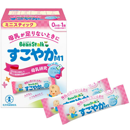 ■製品特徴 2015年から開始した第3回全国母乳調査からの研究成果を生かし、母乳に含まれる成分を配合しています。 「母乳から学び、その成果を生かすこと。」 1960年の日本初の全国母乳調査からおよそ30年ごとに3回にわたる大規模な調査を行い、現在にいたるまで母乳研究を続けている商品です。 これまでにシアル酸、母乳オリゴ糖（ガラクトシルラクトース）、リボ核酸などの母乳成分の配合を実現してきています。 今回、ビーンスタークすこやかM1は全国母乳調査からの最新の研究成果を生かし、日本で初めて育児用粉ミルクに「オステオポンチン」を配合。*1 赤ちゃんのために、そしてお母さんのために、母乳研究を生かした商品です。 *1オステオポンチン配合の乳児用調製粉乳として(2019年3月時点) ■使用方法 1本でできあがり量は50mlです。 ＜ミルクの飲ませ方＞ 標準的な使用量は表をご覧ください。 表は男女の標準体重にもとづいたものですので、赤ちゃんの発育に合わせて量や回数を加減してください。 1回分ずつ調乳し、作りおきや飲み残しは飲ませないでください。 赤ちゃんの体質や健康状態に応じて、医師、助産師、看護師、保健師、管理栄養士、栄養士等にご相談ください。 ◆標準使用量表 ■ご注意(お願い) ◆ミルクは清潔な場所で、虫やほこり、髪の毛などが入らないようにご使用ください。 ◆熱湯やミルクの入った哺乳びんなどによるやけどにご注意ください。 ◆一度沸騰した70度以上のお湯で調乳後、必ず、速やかに体温くらいにさまして2時間以内に飲ませてください。 ◆電子レンジで加熱しないでください。 ◆湿気を避け、乾燥した涼しい場所に保管し、冷蔵庫には入れないでください。 ◆開封後はすみやかに使いきるようにしてください。 ■原材料 ホエイパウダー、植物油（パーム核油、大豆油、パーム油、カノーラ油）、乳糖、脱脂粉乳、全粉乳、バターミルクパウダー、カゼイン、乳清たんぱく質濃縮物、たんぱく質濃縮ホエイパウダー、精製魚油、リボ核酸（RNA）、L-カルニチン、酵母／塩化K、炭酸Ca、リン酸Ca、V.C、硫酸Mg、炭酸K、クエン酸K、クエン酸鉄Na、イノシトール、タウリン、シチジル酸Na、硫酸亜鉛、V.E、ナイアシン、パントテン酸Ca、ウリジル酸Na、硫酸銅、V.A、V.B6、5’-AMP、グアニル酸Na、V.B1、イノシン酸Na、葉酸、カロテン、ビオチン、V.D、V.K、V.B12、（一部に乳成分・大豆を含む） ■栄養成分表示（100gあたり) エネルギー514kcal・ビタミンB2　0.8mg・ナイアシン　5.0mg・カリウム　500mg・たんぱく質　11.1g・ビタミンB6　0.4mg・パントテン酸　4.0mg・マグネシウム　37mg・脂質　27.8g・ビタミンB12　1.5μg・葉酸　100μg・銅　0.31mg・炭水化物　56.1g・ビタミンC　60mg・ビオチン　15μg・亜鉛　3.0mg・食塩相当量　0.38g・ビタミンD　9.3μg・カルシウム　350mg・セレン7.5μg・ビタミンA450μg・ビタミンE4.5mg・リン200mg・ビタミンB1　0.4mg・ビタミンK　26μg・鉄　6.2mg・オステオポンチン40mg・αーリノレン酸0.65g・リボ核酸(RNA)10〜30mg・β-カロテン40μg・シスチン190mg・ドコサヘキサエン酸(DHA)70mg・ガラクトシルラクトース　2.5g・塩素　310mg・タウリン26mg・リン脂質　230mg・シアル酸　165mg・灰分　2.2g・カルニチン15mg・スフィンゴミエリン70mg・コリン65mg・水分2.8g・リノール酸5.2g・ヌクレオチド16mg・イノシトール60mg・主要な混合物　乳又は乳製品以外の乳成分（乳糖・カゼイン・乳清たんぱく質）24,9％乳脂肪以外の脂肪(パーム核油・大豆油・パーム油・カノーラ油・精製魚油）26,5％ ■保存方法 湿気を避け、乾燥した涼しい場所に保管してください。 【お問い合わせ先】 こちらの商品につきましては当店(ドラッグピュア)または下記へお願いします。 雪印ビーンスターク株式会社　お客様センター 電話：0120-241-537 受付時間： 9:00〜17:00 土日祝除く 商品についてお気づきの点やお問い合わせなどがございましたら、上記フリーダイヤルまでお電話をいただきますよう、よろしくお願いいたします。 広告文責：株式会社ドラッグピュア 作成：201512JE,201908SN 神戸市北区鈴蘭台北町1丁目1-11-103 TEL:0120-093-849 製造販売：雪印ビーンスターク株式会社 区分：特別用途食品（乳児用調製粉乳）・日本製 ■ 関連商品 雪印ビーンスターク　お取扱い商品 すこやかM1　シリーズ