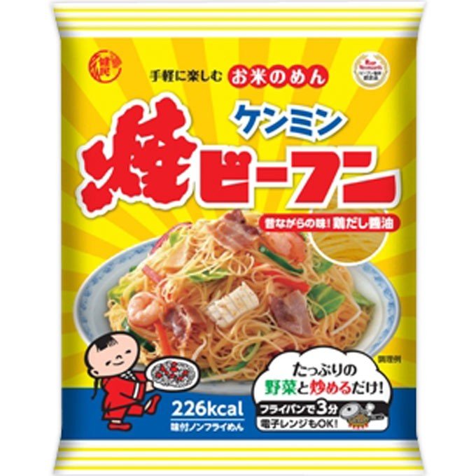 ■製品特徴1960年生まれのロングセラー商品。味付けタイプのビーフンなので、ゆで戻す手間がいりません。フライパンでも電子レンジでも簡単に調理できるノンフライめん。■内容量65g■原材料米、でん粉、しょうゆ、食塩、ポークエキス、チキンエキス、香辛料、砂糖、酵母エキス、調味料（アミノ酸等）、グリセリン脂肪酸エステル、リン酸塩（Na）、糊料（繊維素グリコール酸Na）、着色料（カラメル、ビタミンB2）、ショ糖脂肪酸エステル、酸化防止剤（ローズマリー抽出物）、（原材料の一部に小麦、大豆を含む）■栄養成分表示1食(65g)あたり：エネルギー 226kcal、たんぱく質 4.0g、脂質 0.7g、炭水化物 50.9g、ナトリウム 1.2g■使用方法召し上がり方(1)フライパンを熱して油大さじ1／2を入れ、豚肉を1枚ずつ並べ、その上にビーフンをのせ、ビーフンの上に野菜をのせる。(2)水190ccを注ぎ、ふたをして強火で3分加熱する。(3)3分後ふたをとり、ビーフンの色むらがなくなるように全体を軽くまぜ、残った水分をほどよくとばせば出来上がり。※2食を一度につくる場合は、水340cc程度にしてください。■注意事項高温・多湿をさけて、直射日光のあたらない場所に保存してください。【お問い合わせ先】こちらの商品につきましての質問や相談は、当店(ドラッグピュア）または下記へお願いします。ケンミン食品株式会社〒650-0024 神戸市中央区海岸通5丁目1番1号電話：078-366-3035受付:月曜〜金曜 9:00〜17：00（土・日・祝日・年末年始・夏期などの特別休業を除く）広告文責：株式会社ドラッグピュア作成：201908YK神戸市北区鈴蘭台北町1丁目1-11-103TEL:0120-093-849製造販売：ケンミン食品株式会社区分：食品・日本製文責：登録販売者 松田誠司■ 関連商品ビーフン関連商品ケンミン食品株式会社お取り扱い商品