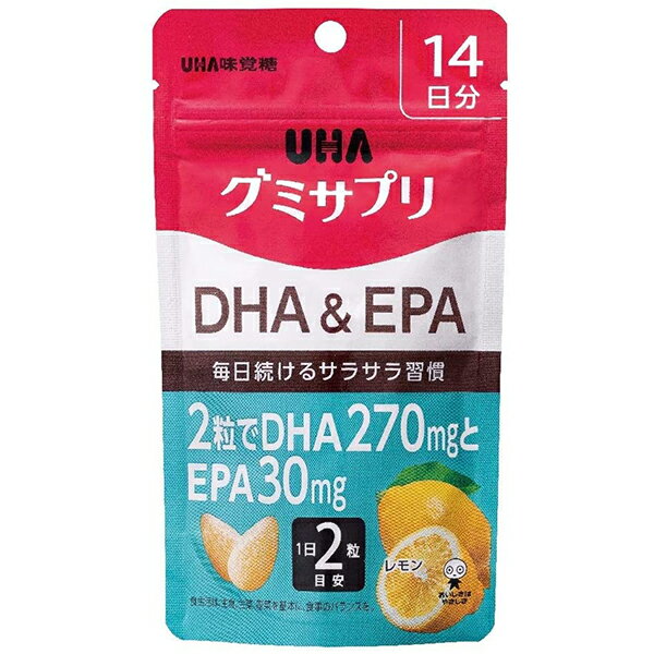 ■製品特徴◆DHA・EPAは、青魚に多く含まれる栄養素です。2粒に270　のDHAと、30　のEPAを配合。食生活で魚不足を感じる方におすすめです。◆いつでも、どこでもグミタイプなので、水なしでいつでもどこでも栄養チャージ◆ぎゅっと2粒で1日分1日に必要な栄養を、グミ2粒にぎゅっと閉じ込めました。◆おいしいから毎日継続サプリなのにおいしいから、毎日続けられる。◆しっかり栄養チャージ独自技術により、グミ内に栄養素を安定して閉じ込めました。■使用の目安：1日2粒■原材料砂糖（タイ製造、国内製造）、水飴、DHA含有精製魚油、コラーゲン、濃縮果汁（りんご、レモン）/甘味料（ソルビトール）、乳化剤、香料、酸化防止剤（ビタミンC、ビタミンE）、ゲル化剤（増粘多糖類）、環状オリゴ糖、トウモロコシたん白、(一部にりんご・ゼラチンを含む)■栄養成分表示＜2粒(標準5g)当たり＞・エネルギー 28kcalたんぱく質 0.5g脂質 0.7g炭水化物 5.1g食塩相当量 0.001gDHA 270mgEPA 30mgコラーゲン　400mg■使用上の注意※1日2粒を目安によく噛んでお召し上がりください。開封後は、チャックをしっかり閉めてお早めにお召し上がりください。※本品は、多量摂取により疾病が治癒したり、より健康が増進するものではありません。※万一体質に合わない場合は、摂取を中止してください。※薬を服用中あるいは通院中や妊娠・授乳中の方は、医師とご相談の上お召し上がりください。※お子様の手の届かないところに保管してください。※食生活は、主食、主菜、副菜を基本に、食事のバランスを。【お問い合わせ先】こちらの商品につきましては、当店(ドラッグピュア）または下記へお願いします。味覚糖株式会社　UHA味覚糖 お客様相談センター電話：0120-653-910受付時間：土・日・祝を除く9:00-17:00広告文責：株式会社ドラッグピュア作成：202011SN神戸市北区鈴蘭台北町1丁目1-11-103TEL:0120-093-849製造販売：味覚糖株式会社区分：栄養補助食品・日本製■ 関連商品UHA味覚糖　お取扱い商品UHA味覚糖　グミサプリ