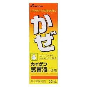 ■製品特徴カイゲン感冒液小児用にはカンゾウエキス，人参流エキスを加えており，これらはせきやたんをしずめ，かぜで弱った体力の回復を助けます。また洋薬では，解熱鎮痛剤，鎮咳去痰剤，抗ヒスタミン剤を配合し，生薬（エキス）とともにかぜの諸症状の改善をはかります。■内容量30ml■剤形液剤■効能・効果かぜの諸症状（発熱，せき，のどの痛み，たん，頭痛，鼻水，鼻づまり，くしゃみ，悪寒，関節の痛み，筋肉の痛み）の緩和■用法・用量次の1回量を1日3回，食後なるべく30分以内および必要な場合には就寝前に服用してください。また場合によっては約4時間の間隔をおいて1日6回まで服用してもさしつかえありません。［年齢：1回量］3才以上〜7才未満：5mL1才以上〜3才未満：3.5mL6ヵ月以上〜1才未満：3mL3ヵ月以上〜6ヵ月未満：2.5mL3ヵ月未満：服用させないでください[用法関連注意]（1）定められた用法・用量を厳守してください。（2）小児に服用させる場合には，保護者の指導監督のもとに服用させてください。■成分・分量30mL中 カンゾウエキス 200mg （甘草800mg） ニンジン流エキス 0.25mL （人参250mg） アセトアミノフェン 300mg ジヒドロコデインリン酸塩 8mg dl-メチルエフェドリン塩酸塩 20mg クロルフェニラミンマレイン酸塩 2.5mg 無水カフェイン 25mg [添加物]パラベン，デヒドロ酢酸ナトリウム，安息香酸ナトリウム，クエン酸水和物，クエン酸ナトリウム水和物，白糖，カラメル，エタノール，プロピレングリコール，バニリン，香料■使用上の注意●してはいけないこと1．次の人は服用しないでください （1）本剤又は本剤の成分によりアレルギー症状を起こしたことがある人。 （2）本剤又は他のかぜ薬，解熱鎮痛薬を服用してぜんそくを起こしたことがある人。 （3）12才未満の小児。2．本剤を服用している間は，次のいずれの医薬品も使用しないでください 他のかぜ薬，解熱鎮痛薬，鎮静薬，鎮咳去痰薬，抗ヒスタミン剤を含有する内服薬等（鼻炎用内服薬，乗物酔い薬，アレルギー用薬等）3．服用後，乗物又は機械類の運転操作をしないでください （眠気等があらわれることがあります。）4．授乳中の人は本剤を服用しないか，本剤を服用する場合は授乳を避けてください5．服用前後は飲酒しないでください6．長期連用しないでください●相談すること1．次の人は服用前に医師，薬剤師又は登録販売者に相談してください （1）医師又は歯科医師の治療を受けている人。 （2）妊婦又は妊娠していると思われる人。 （3）高齢者。 （4）薬などによりアレルギー症状を起こしたことがある人。 （5）次の症状のある人。 高熱，排尿困難 （6）次の診断を受けた人。 甲状腺機能障害，糖尿病，心臓病，高血圧，肝臓病，腎臓病，胃・十二指腸潰瘍，緑内障，呼吸機能障害，閉塞性睡眠時無呼吸症候群，肥満症2．服用後，次の症状があらわれた場合は副作用の可能性があるので，直ちに服用を中止し，この説明文書を持って医師，薬剤師又は登録販売者に相談してください［関係部位：症状］皮膚：発疹・発赤，かゆみ消化器：吐き気・嘔吐，食欲不振精神神経系：めまい泌尿器：排尿困難その他：過度の体温低下 まれに次の重篤な症状が起こることがあります。その場合は直ちに医師の診療を受けてください。［症状の名称：症状］ショック（アナフィラキシー）：服用後すぐに，皮膚のかゆみ，じんましん，声のかすれ，くしゃみ，のどのかゆみ，息苦しさ，動悸，意識の混濁等があらわれる。皮膚粘膜眼症候群（スティーブンス・ジョンソン症候群）：高熱，目の充血，目やに，唇のただれ，のどの痛み，皮膚の広範囲の発疹・発赤，赤くなった皮膚上に小さなブツブツ（小膿疱）が出る，全身がだるい，食欲がない等が持続したり，急激に悪化する。中毒性表皮壊死融解症：高熱，目の充血，目やに，唇のただれ，のどの痛み，皮膚の広範囲の発疹・発赤，赤くなった皮膚上に小さなブツブツ（小膿疱）が出る，全身がだるい，食欲がない等が持続したり，急激に悪化する。急性汎発性発疹性膿疱症：高熱，目の充血，目やに，唇のただれ，のどの痛み，皮膚の広範囲の発疹・発赤，赤くなった皮膚上に小さなブツブツ（小膿疱）が出る，全身がだるい，食欲がない等が持続したり，急激に悪化する。肝機能障害：発熱，かゆみ，発疹，黄疸（皮膚や白目が黄色くなる），褐色尿，全身のだるさ，食欲不振等があらわれる。腎障害：発熱，発疹，尿量の減少，全身のむくみ，全身のだるさ，関節痛（節々が痛む），下痢等があらわれる。間質性肺炎：階段を上ったり，少し無理をしたりすると息切れがする・息苦しくなる，空せき，発熱等がみられ，これらが急にあらわれたり，持続したりする。ぜんそく：息をするときゼーゼー，ヒューヒューと鳴る，息苦しい等があらわれる。再生不良性貧血：青あざ，鼻血，歯ぐきの出血，発熱，皮膚や粘膜が青白くみえる，疲労感，動悸，息切れ，気分が悪くなりくらっとする，血尿等があらわれる。無顆粒球症：突然の高熱，さむけ，のどの痛み等があらわれる。呼吸抑制：息切れ、息苦しさ等があらわれる。3．服用後，次の症状があらわれることがあるので，このような症状の持続又は増強が見られた場合には，服用を中止し，この説明文書を持って医師，薬剤師又は登録販売者に相談してください 便秘，口のかわき，眠気4．5〜6回服用しても症状がよくならない場合は服用を中止し，この説明文書を持って医師，薬剤師又は登録販売者に相談してください■保管及び取扱い上の注意（1）直射日光の当たらない涼しい所に密栓して保管してください。（2）小児の手の届かない所に保管してください。（3）他の容器に入れ替えないでください。（誤用の原因になったり品質が変わります。）（4）本剤は，生薬エキスを配合していますので，わずかな濁りを生ずることもありますが，効果には変わりありませんので，よく振ってからご使用ください。（5）外箱に表示の使用期限を過ぎた製品は服用しないでください。【お問い合わせ先】こちらの商品につきましての質問や相談は、当店(ドラッグピュア）または下記へお願いします。カイゲンファーマ株式会社〒541-0045 大阪府大阪市中央区道修町2丁目5−14電話：06-6202-8911受付時間：9：00〜17：00（土曜，日曜，祝日を除く）広告文責：株式会社ドラッグピュア作成：202103AY神戸市北区鈴蘭台北町1丁目1-11-103TEL:0120-093-849製造販売：カイゲンファーマ株式会社区分：第(2)類医薬品・日本製文責：登録販売者 松田誠司■ 関連商品風邪薬関連商品カイゲンファーマ株式会社お取り扱い商品