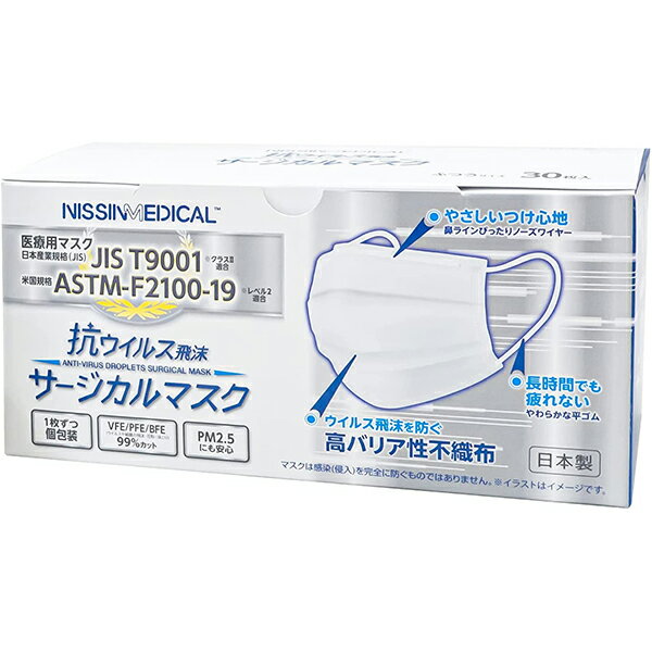 【本日楽天ポイント5倍相当】日進医療器株式会社　NISSINMEDICAL　抗ウイルス飛沫　サージカルマスク　ふつうサイズ　30枚入［個包装］＜日本製＞＜医療用マスクJIST9001 クラスII適合＞＜ニッシンメディカル＞