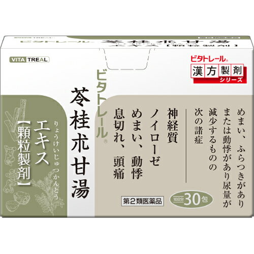 ■製品特徴 本剤は、漢方の古典「傷寒論」「金匱要略」に収載されている苓桂朮甘湯に準拠して製造されたエキス顆粒剤です。 ■効能・効果 めまい、ふらつきがあり、または動悸があり尿量が減少するものの次の諸症： 神経質、ノイローゼ、めまい、動悸、息切れ、頭痛 ■成分・分量 本品1日量3包（1包 3g）中 日本薬局方　ブクリョウ・・・・・ 6.0g　　日本薬局方　ビャクジュツ・・・・ 3.0g 日本薬局方　ケイヒ・・・・・・・ 4.0g　　日本薬局方　カンゾウ・・・・・・ 2.0g 　　　　　　　　　　　　　　　　　　　　 より製した水製乾燥エキス・・・・ 1.66g 添加物として、乳糖、バレイショデンプンを含有する。 ■剤型：散剤 ■用法・用量 次の量を食前又は食間に水又は温湯にて服用して下さい。 大人（15才以上）：1日3回、1回1包 7才以上15才未満：1日3回、1回2/3包 4才以上7才未満：1日3回、1回1/2包 2才以上4才未満：1日3回、1回1/3包 2才未満　　　　：服用しないこと ＜用法・用量に関連する注意＞ (1) 小児に服用させる場合には、保護者の指導監督のもとに服用させること。 (2) 用法・用量を厳守すること。 ■使用上の注意 ▲相談すること▲ 1．次の人は服用前に医師、薬剤師又は登録販売者に相談すること (1)医師の治療を受けている人。 (2)妊婦又は妊娠していると思われる人。 (3)高齢者。 (4)今までに薬などにより発疹・発赤、かゆみ等を起こしたことがある人。 (5)次の症状のある人。 　むくみ (6)次の診断を受けた人。 　高血圧、心臓病、腎臓病 2．服用後、次の症状があらわれた場合は副作用の可能性があるので、直ちに服用を中止し、添付の文書を持って医師、薬剤師又は登録販売者に相談すること 〔 関係部位：症状 〕 皮膚　：発疹・発赤、かゆみ まれに下記の重篤な症状が起こることがある。その場合は直ちに医師の診療を受けること。 〔 症状の名称：症状 〕 偽アルドステロン症、ミオパチー：手足のだるさ、しびれ、つっぱり感やこわばりに加えて、脱力感、筋肉痛があらわれ、徐々に強くなる。 3．1ヵ月位服用しても症状がよくならない場合は服用を中止し、添付の文書を持って医師、薬剤師又は登録販売者に相談すること 4．長期連用する場合には、医師、薬剤師又は登録販売者に相談すること ■保管及び取扱い上の注意 （1）直射日光の当たらない湿気の少ない涼しい所に保管すること。 （2）小児の手の届かない所に保管すること。 （3）他の容器に入れ替えないこと。 （4）本剤は生薬を原料としたエキスを用いた製品ですから、製品により色調や味が多少異なることがありますが、効果には変わりありません。 【お問い合わせ先】 こちらの商品につきましての質問や相談につきましては、当店（ドラッグピュア）または下記へお願いします。 東洋漢方製薬株式会社≪お客様相談室≫　 電話：0120-00-1040（フリーダイヤル） 受付 9：00～17：00（土、日、祝日を除く） 広告文責：株式会社ドラッグピュア 作成：202211SN 神戸市北区鈴蘭台北町1丁目1-11-103 TEL:0120-093-849 製造販売：東洋漢方製薬株式会社 区分：第2類医薬品・日本製 文責：登録販売者　松田誠司 使用期限：使用期限終了まで100日以上 ■ 関連商品 ビタトレール 苓桂朮甘湯 東洋漢方製薬　お取扱い商品