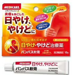 『メディケア　パンパス軟膏　15g』【第2類医薬品】JANコード：4987227030118パンパス軟膏は、炎症を起こした日やけ、やけどを効果的に治療します。酸化亜鉛が炎症を抑え、保護し、フェノールやイソプロピルメチルフェノールが殺菌・消毒し、化膿を防ぎます。サリチル酸が角質を軟化、ヨークレシチンが血行を良くし、治りを早めます。クリームのように柔かく、しみにくい軟膏タイプの医薬品です。 ◆効能・効果日やけ、やけど、きりきず、すりきず、しもやけ、ひび、あかぎれ、かぶれ、ただれ、よう、ちょう、くさ、痔◆用法・用量 1日2〜3回患部に塗布又は貼用してください。【用法・用量に関連する注意】（1）定められた用法用量を厳守してください。（2）小児に使用させる場合には、保護者の指導監督のもとに使用させてください。（3） 目に入らないように注意してください。万一、目に入った場合には、すぐに水又はぬるま湯で洗ってください。なお、症状が重い場合には、眼科医の診療を受けてください。（4）外用にのみ使用してください。【チューブの穴のあけ方】キャップを逆さにして、突起部をチューブの先に強く押し当ててください。◆成分・分量《100g中》酸化亜鉛6.0g消炎・保護のはたらきがあります。フェノール0.5g殺菌消毒作用があります。サリチル酸0.1g角質軟化作用があります。イソプロピルメチルフェノール0.05g患部を殺菌し、化膿を防ぎます。ヨークレシチン0.5g血行を良くするはたらきがあります。添加物として、コレステロール、ステアリルアルコール、サラシミツロウ、精製ラノリン、ワセリン、香料を含有します。相談すること1．次の人は使用前に医師、薬剤師又は登録販売者に相談してください。（1）医師の治療を受けている人（2）薬などによりアレルギー症状を起こしたことがある人（3）患部が広範囲の人（4）湿潤やただれのひどい人（5）深い傷やひどいやけどの人2． 使用後、次の症状があらわれた場合は副作用の可能性があるので、直ちに使用を中止し、この文書を持って医師、薬剤師又は登録販売者に相談してください。関係部位皮膚：発疹・発赤、かゆみ3． 5〜6日間使用しても症状がよくならない場合は使用を中止し、この文書を持って医師、薬剤師又は登録販売者に相談してください。◆保管及び取扱い上の注意（1）直射日光の当たらない湿気の少ない涼しい所に密栓して保管してください。（2）小児の手の届かない所に保管してください。（3）他の容器に入れ替えないでください。（誤用の原因になったり品質が変わります。）（4）使用期限の過ぎた製品は使用しないでください。【お問い合わせ先】当店（ドラッグピュア）または下記へお願い申し上げます。森下仁丹株式会社TEL：06-6761-0003広告文責：株式会社ドラッグピュア作成：201305KY神戸市北区鈴蘭台北町1丁目1-11-103TEL:0120-093-849販売元：森下仁丹株式会社製　造：万協製薬株式会社区分：第2類医薬品・日本製■ 関連商品森下仁丹株式会社　取り扱い商品やけど・炎症に　関連商品