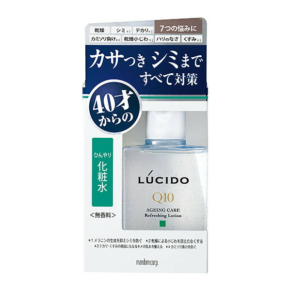 【ワタナベオイスター・渡辺オイスター・天眼・漢方相談店】税込み4980円以上送料無料40才からの男のスキンケア。年齢とともに気になる7つの肌悩みに、これ1本でトータルケア。＜ひんやり化粧水＞7つの肌悩みに＜カサつき対策＞保湿成分を補い、うるおいを閉じ込める。＜シミ対策＞メラニンの生成を抑え、シミを防ぐ。＜乾燥小じわ対策＞乾燥による小じわを目立たなくする【効能評価試験済み】。＜カミソリ負け対策＞ ヒゲそり後のヒリつき・肌あれを防ぐ。＜テカリ対策＞テカリの原因にもなるキメの乱れを整える。＜くすみ対策＞キメを整え、清潔感のある肌へ導く 。＜ハリ対策＞肌をひきしめ、ハリを与える。マンダム男性肌研究の集大成 【ルシード トータルケア処方】コエンザイムQ10(保湿）※1＋7つのスキンケア成分配合。＜7つのスキンケア成分＞1）セラミド様成分（保湿）※22）有効成分トラネキサム酸3）ヒアルロン酸（保湿）4）有効成分グリチルリチン酸ジカリウム5）ハマメリスエキス（保湿）6）シルクエキス（保湿）※3、7）浸透性アミノ酸（保湿）※4ベタつかずスーッと爽快、肌ひきしめる。無香料・無着色・防腐剤フリー。※1 ユビデカレノン※2 グリセリル-N-（2-メタクリロイルオキシエチル）カルバメート・メタクリル酸ステアリル共重合体※3 加水分解シルク液※4 N-アセチル-L-ヒドロキシプロリン■ 販売名薬用クールローションP 内容量110ml成分トラネキサム酸、グリチルリチン酸ジカリウム、精製水、エタノール、1，3−ブチレングリコール、濃グリセリン、グリコシルトレハロース・水添デンプン分解物混合溶液、ポリオキシプロピレンメチルグルコシド、ポリオキシエチレンポリオキシプロピレンデシルテトラデシルエーテル、カルボキシビニルポリマー、l−メントール、グリセリンモノ2−エチルヘキシルエーテル、水酸化カリウム、l−メンチルグリセリルエーテル、キサンタンガム、ヒドロキシエタンジホスホン酸液、N−アセチル−L−ヒドロキシプロリン、ヒアルロン酸ナトリウム（2）、ユビデカレノン、ハマメリスエキス、グリセリル−N−（2−メタクリロイルオキシエチル）カルバメート・メタクリル酸ステアリル共重合体、加水分解シルク液広告文責：株式会社ドラッグピュア作成：201912KT2神戸市北区鈴蘭台北町1丁目1-11-103TEL:0120-093-849製造販売：株式会社マンダム区分：医薬部外品・日本製文責：登録販売者 松田誠司 ■ 関連商品 メンズ　化粧水マンダム