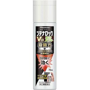 【商品説明】「ブテナロックVα爽快パウダー 70ml」は、ブテナフィン塩酸塩配合の水虫・たむし治療薬です。目立たないパウダーでグジュグジュ水虫のかゆみを伴う症状を抑えます。マイクロパウダーのトリプル処方でサラサラ感長時間持続。患部にピンポイント噴射できる「ジェット式」なので、直接手を触れることなく簡単・清潔に使用できます。【効果・効能】みずむし、いんきんたむし、ぜにたむし 【剤型】 スプレー剤【使用上の注意】●してはいけないこと(守らないと現在の症状が悪化したり、副作用が起こりやくなる)1.次の人は使用しないこと本剤または本剤の成分により、アレルギー症状を起こしたことがある人2.次の部位には使用しないこと(1)目や目の周囲、顔面、粘膜(例えば口腔、鼻腔、膣など)、陰のう、外陰部など(2)湿疹(3)湿潤、ただれ、亀裂や外傷のひどい患部●相談すること 1.次の人は使用前に医師又は薬剤師に相談してください(1)医師の治療を受けている人(2)妊婦又は妊娠している可能性のある人(3)乳幼児(4)本人又は家族がアレルギー体質の人(5)薬によりアレルギー症状を起こしたことがある人(6)患部が顔面又は広範囲の人(7)患部が化膿している人(8)「湿疹」か「みずむし、いんきんたむし、ぜにたむし」かがはっきりしない人(陰のうにかゆみ・ただれ等の症状がある場合は、湿疹等他の原因による場合が多い。)2.次の場合は、直ちに使用を中止し、この説明文書を持って医師又は薬剤師に相談してください(1)使用後、次の症状があらわれた場合皮ふ：発疹・発赤、かゆみ、かぶれ、はれ、刺激感、熱感、落屑、ただれ、水疱、乾燥感、ヒリヒリ感、亀裂(2)2週間位使用しても症状が良くならない場合や、本剤の使用により症状が悪化した場合 【用法容量】1日1回、適量を患部に噴射塗布してください【用法・用量に関連する注意】(1)患部やその周囲が汚れたまま使用しないでください。(2)目に入らないように注意してください。万一、目に入った場合には、すぐに水又はぬるま湯で洗い、直ちに眼科医の診療を受けてください。(3)小児に使用させる場合には、保護者の指導監督のもとに使用させてください。(4)外用にのみ使用してください。(5)使用に際しては、本人及び周囲の人も吸入しないよう注意してください。(6)使用前によく振ってください。(7)患部より約10cmの距離で噴射してください。(8)同じ箇所に連続して3秒以上噴射しないでください。(9)「正立」又は「倒立」でご使用ください。(10)横向きで使用するとガスが先に出て最後まで使用できない場合があります。 【成分・分量】成分 含量（1mL中） ブテナフィン塩酸塩　　 10mg ジブカイン塩酸塩　　 2mg クロルフェニラミンマレイン酸塩　　 5mg グリチルレチン酸　　 2mg l-メントール　　 20mg クロタミトン　　 10mg イソプロピルメチルフェノール 　　 3mg 添加物 ：イソプロパノール、エタノール、ジエタノールアミン、タルク、トウモロコシデンプン、二酸化ケイ素、ポリオキシエチレンオレイルエーテル、ミリスチン酸イソプロピル、DME 【保管および取扱い上の注意】(1)直射日光の当たらない湿気の少ない涼しい所に密栓して保管してください。(2)小児の手の届かない所に保管してください。(3)他の容器に入れ替えないでください。(誤用の原因になったり品質が変わる。)(4)使用期限をすぎた製品は使用しないでください。なお、使用期限内であっても開封後は品質保持の点からなるべく早く使用してください。(5)火気に近づけたり、火の中に入れたりしないでください。また、使用済みの容器は火中に投じないでください。(6)合成樹脂(スチロール等)を軟化したり、塗料を溶かしたりすることがありますので、バッグや床、家具などにつかないようにしてください。(7)火花が出る所で使用しないでください。広告文責：株式会社ドラッグピュア作成：201405ST神戸市北区鈴蘭台北町1丁目1-11-103TEL:0120-093-849製造販売：久光製薬株式会社お客様相談室：0120-133250受付時間：9：00-12：00、13：00-17：50区分：指定第2類医薬品登録販売者：松田誠司 ■ 関連商品 水虫薬久光製薬株式会社お取扱商品