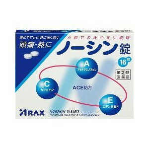 内容量：16粒剤型：錠剤■製品特徴・ノーシン錠はACE処方の3つの有効成分(アセトアミノフェン、エテンザミド、カフェイン)が協力的に作用して、頭痛やいろいろな痛み・発熱に速く効き、すぐれた効果を発揮するようにつくられた鎮痛解熱薬です。・小粒でのみやすい錠剤です。・胃を荒らす成分や、眠気を催す成分、また、習慣性のある成分も使用しておりません。【効能 効果】頭痛、歯痛、月経痛(生理痛)、神経痛、関節痛、腰痛、肩こり痛、咽喉痛、耳痛、抜歯後の疼痛、筋肉痛、打撲痛、ねんざ痛、骨折痛、外傷痛の鎮痛、悪寒、発熱時の解熱【用法 用量】次の用量をなるべく空腹時をさけて服用してください。服用間隔は4時間以上おいてください。15歳以上…1日3回、1回2錠15歳未満…服用しないでください。＜用法・用量に関連する注意＞・用法、用量を厳守してください。【成分】アセトアミノフェン…300mg、エテンザミド…160mg、カフェイン水和物…70mg添加物としてヒドロキシプロピルセルロース、ケイ酸Ca、アルファー化デンプン、ステアリン酸Mgを含有する。【注意事項】■使用上の注意＜してはいけないこと＞（守らないと現在の症状が悪化したり、副作用・事故が起こりやすくなります。） 1.次の人は服用しないこと(1)本剤によりアレルギー症状を起こしたことがある人(2)本剤又は他の解熱鎮痛薬、かぜ薬を服用してぜんそくを起こしたことがある人2.本剤を服用している間は、次のいずれの医薬品も服用しないこと／他の解熱鎮痛薬、かぜ薬、鎮静薬3.服用時は飲酒しないこと4.長期連用しないこと＜相談すること＞・次の人は服用前に医師、歯科医師、薬剤師又は登録販売者に相談すること(1)医師又は歯科医師の治療を受けている人(2)妊婦又は妊娠していると思われる人(3)高齢者。(4)薬によりアレルギー症状を起こしたことがある人。(5)次の診断を受けた人。心臓病、腎臓病、肝臓病、胃・十二指腸潰瘍2、次の場合は、直ちに服用を中止し、説明書を持って医師・歯科医師又は薬剤師に相談してください皮膚・・・発疹・発赤、かゆみ消化器・・・悪心・嘔吐、食欲不振精神神経系・・・めまいその他・・・過度の体温低下 まれに下記の重篤な症状が起こることがある。その場合は直ちに医師の診療を受けること。ショック(アナフィラキシー)・・・服用後すぐに、皮膚のかゆみ、じんましん、声のかすれ、くしゃみ、のどのかゆみ、息苦しさ、動悸、意識の混濁等があらわれる。皮膚粘膜眼症候群(スティーブンス・ジョンソン症候群)、中毒性表皮壊死融解症・・・高熱、目の充血、目やに、唇のただれ、のどの痛み、皮膚の広範囲の発疹・発赤等が持続したり、急激に悪化する。肝機能障害・・・発熱、かゆみ、発疹、黄疸(皮膚や白目が黄色くなる)、褐色尿、全身のだるさ、食欲不振等があらわれる。ぜんそく・・・息をするときゼーゼー、ヒューヒューと鳴る、息苦しい等があらわれる。間質性肺炎・・・階段を上ったり，少し無理をしたりすると息切れがする・息苦しくなる，空せき，発熱等がみられ，これらが急にあらわれたり，持続したりする。腎障害・・・発熱，発疹，全身のむくみ，全身のだるさ，関節痛（節々が痛む），下痢等があらわれる。 ・5〜6回服用しても症状がよくならない場合は服用を中止し、製品の文書を持って医師、歯科医師、薬剤師又は登録販売者に相談すること【保管及び取扱い上の注意】(1)直射日光の当たらない湿気の少ない涼しい所に保管してください。(2)小児の手の届かない所に保管してください。(3)他の容器に入れ替えないでください。(誤用の原因になったり品質が変わります。)(4)使用期限をすぎた製品は服用しないでください。広告文責：株式会社ドラッグピュア作成：201502ST神戸市北区鈴蘭台北町1丁目1-11-103TEL:0120-093-849製造販売会社：株式会社アラクス460-0002　名古屋市中区丸の内三丁目2-26052(951)2055　医薬情報室区分：指定第2類医薬品・日本製文責：登録販売者　松田誠司 ■ 関連商品 アラクス　お取扱商品ノーシン　シリーズ解熱鎮痛剤　関連商品