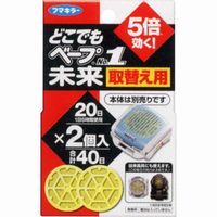 【どこでもベープ No.1 未来 取替え用（2コ入）の商品説明】●「どこでもペープNo.1未来」の取替え用です。●従来の器具にも使えます。(この場合の効力は3倍です)●1日6時間使用で約20日間使用できます。●無香料【使用方法】(1)カバーを上方向へ外し、薬剤をセット後、カバーの上からカチッとロックされるまで押し込む。(2)器具を裏返し、ロックボタンを押しながら電池カバーを外し、電池をセットする。※電池と薬剤を必ず同時に交換してください。※電池は入っていません。単4アルカリ電池を2本用意してください。広告文責及び商品問い合わせ先 広告文責：株式会社ドラッグピュア作成：201201tt神戸市北区鈴蘭台北町1丁目1-11-103TEL:0120-093-849製造・販売元：フマキラー101-8606東京都千代田区神田美倉町11番地0077-788-555 ■ 関連商品■虫よけ・虫さされフマキラー