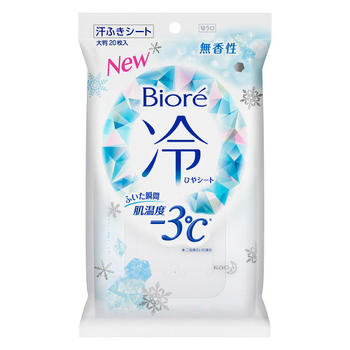 ■ビオレ冷シート 無香性 20枚入【花王】 「ビオレ冷シート 無香性 20枚入」は、1枚で全身ふける汗拭きシートです。 ●ふいた瞬間、肌温度※-3度の汗ふきシート ※二往復ふいた場合 ●やぶれにくい厚手の大判シートを使用しています。 ※大きさ当社比3倍 ●ベタつく汗・ニオイのもととなる皮脂汚れをふきとります。 ●コットン使用でやさしい肌触り ●ヒアルロン酸配合 ●メントール配合 内容量 20枚入 使用方法 ・シートを取り出し、しっかりと肌をふいてください。 ・手の平サイズに折りたたんで使うのがおすすめです。 ※使用後はシール接着面のシワをのばしてから、シールをきちんと閉めてください。 ※乾燥による品質の劣化を防ぐため、開封後はなるべくお早めにお使いください。 ※液がたっぷりなので、カバンの中などで強く押されると、液がしみ出る場合があります。 使用上の注意 ・メントールの冷感刺激に弱い方、アルコール過敏症の方、特に肌の弱い方、乳幼児は使わない。 ・傷、はれもの、湿疹等異常のあるところ、顔、粘膜、除毛直後には使わない。 ・肌に異常が生じていないかよく注意して使う。肌に合わない時、使用中に赤み、はれ、かゆみ、刺激、色抜け(白斑等)や黒ずみ等の異常が出た時、直射日光があたって同様の異常が出た時は使用を中止し、皮フ科医へ相談する。使い続けると症状が悪化することがある。 ・目に入った時は、すぐに充分洗い流す。 ・シートは水に溶けないので、トイレ等に流さない。 ・家具、床、電気製品等をふかない。 ・高温の場所、直射日光のあたる場所には置かない。 成分・分量 水、エタノール、PEG-60水添ヒマシ油、PEG-8、メントール、トロメタミン、(メタクリル酸ラウリル/メタクリル酸Na)クロスポリ マー、ラウレス-6、コハク酸、ヒアルロン酸Na、EDTA-2Na、メチルパラベン、フェノキシエタノール 発売元 花王株式会社 〒103-0025　東京都中央区日本橋茅場町一丁目14番10号 TEL：03-3660-7111 【お問い合わせ】 TEL：0120-165-692 ＜受付時間＞9:00〜17:00 (土、日、祝日、祝日を除く) 広告文責 多賀城ファーマシー 株式会社 薬剤師：根本一郎 TEL：022-362-1675 原産国 日本 区分 化粧品 ※パッケージデザイン・内容量等は予告なく変更されることがあります。