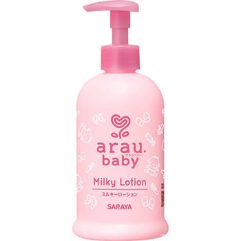 ■arau.baby アラウベビー ミルキーローション 300ml【サラヤ】 デリケートな赤ちゃんの肌のために、皮脂バランスを考えた植物オイルを厳選配合し、天然乳化成分にまでこだわった赤ちゃんのための低刺激・無添加ミルキーローション。 伸びが良く、べたつかないさらさらとした使い心地のため、年中お使いいただけます。 ■内容量：300ml ■成分： 水、グリセリン、BG、ホホバ種子油、スクワラン、マカデミア種子油、水添レシチン、カルボマー、加水分解パームソホロ脂質、（アクリレーツ/アクリル酸アルキル（C10-30））クロスポリマー、水酸化K、ラベンダー油、フェノキシエタノール、トコフェロール ■使用上の注意： ・本品の成分によりアレルギーのある場合は使用しない。 ・傷、はれもの、湿しんなど、お肌に異常があるときは使用しない。 ・肌に異常が生じていないかよく注意して使用し、肌に合わないときは使用を中止する。 ・使用中や使用後に、赤み、はれ、かゆみ、かぶれ、色抜け（白斑）や黒ずみ、刺激などの異常が現れたときや、使用後に直射日光が当たって肌に異常が現れたときは、使用を中止して専門医などに相談する。 ・使用後は、必ずフタを閉める。 ・開封後は早めに使い切る。 ■応急処置： ・目に入った場合、こすらずに（コンタクトレンズは外し）、すぐに流水で洗い流す。 ・飲み込んだ場合、口をすすぎ、多量の水を飲むなどの処置をする。 ・いずれも異常が残る場合には、本品を持参のうえ、専門医に相談する。 ■保管上の注意： ・乳幼児や小児、認知症の方などの誤飲などを防ぐため、置き場所に注意する。 ・極端に高温または低温の場所、直射日光の当たる場所には保管しない。 ■発売元： サラヤ株式会社 0120-40-3636 ■広告文責： 多賀城ファーマシー 株式会社 TEL. 022-362-1675 ■原産国：日本 ■区分：化粧品 ※パッケージデザイン等は予告なく変更されることがあります。