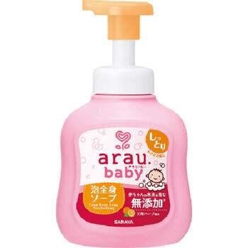 ■arau.baby アラウベビー 泡全身ソープ しっとり 本体 450mL【サラヤ】 赤ちゃんの頭（髪）から足先まで全身洗える泡全身ソープ。きめ細やかでなめらかな泡が肌をやさしく包み込み、すこやかな肌に導きます。「赤ちゃんの未来を育む」ための独自処方で、肌ストレスの原因となる洗浄成分を残さず、肌本来のうるおいを守ります。 オレンジのアイコンが目印の「アラウ.ベビー 泡全身ソープ しっとり」は天然の保湿成分をたっぷり配合し、「かさかさ肌」さんにおすすめ。香るうるおい天然精油「オレンジ＆ラベンダー」、うるおい天然ハーブエキス「シソ葉＆ユズ」を配合。 ■内容量：450ml ■成分： 水、グリセリン、オレイン酸、ミリスチン酸、水酸化K、加水分解カンジダボンビコラエキス、クエン酸、オレンジ油、ライム油、ラベンダー油、イランイラン花油、シソ葉エキス、ユズ果実エキス、BG ■使用方法：適量を手などにとり、やさしく洗った後、十分にすすいでください。 ■使用上の注意： ・本品の成分によりアレルギーを発現したことのある人は使用しない。 ・傷、はれもの、湿しんなど異常のある部位には使用しない。 ・使用中や使用後に赤み、はれ、かゆみ、かぶれ、刺激などの異常や、直射日光が当たって同様の症状が現れたときには使用を中止し、専門医などに相談する。 ・天然成分を使用しているため、経時的に色や香りが変化することがある。 ■応急処置： ・目に入った場合、すぐ流水で洗い流す。 ・誤飲の場合、口をすすぎ、多量の水を飲む。 ・いずれも異常が残る場合は、本品を持参のうえ、専門医に相談する。 ■保管上の注意： ・保護者監視のもと、置き場所に注意する。 ・直射日光の当たらない冷暗所に保管する。 ■発売元： サラヤ株式会社 0120-40-3636 ■広告文責： 多賀城ファーマシー 株式会社 TEL. 022-362-1675 ■原産国：日本 ■区分：化粧品 ※パッケージデザイン等は予告なく変更されることがあります。