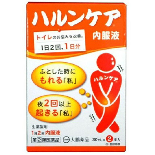 ■ハルンケア内服液 30ml×2本【大鵬薬品工業】 1．8種類の生薬（ジオウ，タクシャ，ボタンピ，ブクリョウ，サンシュユ，サンヤク，ケイヒ，炮附子）から抽出・濃縮し，更にエタノールを加え，澱粉等を分離除去した後，エタノールを蒸発除去して製したエキスを含有する生薬製剤です。 2．体力の低下，下半身の衰え，手足の冷えを伴う方の“軽い尿もれ”“頻尿（小便の回数が多い）”，“残尿感”，“尿が出渋る”の症状を緩和します。 3．服用しやすい液剤です。 内容量 30ml×2本 効能・効果 体力の低下，下半身の衰え，手足の冷えを伴う次の症状の緩和：軽い尿もれ，頻尿（小便の回数が多い），残尿感，尿が出渋る 用法・用量 次の量を朝夕食前又は食間注）に服用してください。 ［年齢：1回量：1日服用回数］ 成人（15歳以上）：1本（30mL）：2回 小児（15歳未満）：服用しないでください。 注）食間とは食事と食事の間という意味で，食後約2時間のことです。 ＜用法関連注意＞ 定められた用法・用量を厳守してください。 使用上の注意 〇してはいけないこと （守らないと現在の症状が悪化したり，副作用が起こりやすくなります） 次の人は服用しないでください。 　（1）胃腸の弱い人 　（2）下痢しやすい人 　（3）次の症状のある人 　　●脊髄損傷や認知症等により，「尿がもれたことに気が付かない」 　　●前立腺肥大症等により，「少量ずつ常に尿がもれる」 〇相談すること 1．次の人は服用前に医師，薬剤師又は登録販売者に相談してください。 　（1）医師の治療を受けている人 　（2）妊婦又は妊娠していると思われる人 　（3）のぼせが強く赤ら顔で体力の充実している人 　（4）今までに薬などにより発疹・発赤，かゆみ等を起こしたことがある人 　（5）漢方製剤等を服用している人（含有生薬の重複に注意する） 2．服用後，次の症状があらわれた場合は副作用の可能性があるので，直ちに服用を中止し，この説明文書を持って医師，薬剤師又は登録販売者に相談してください。 ［関係部位：症状］ 皮膚：発疹・発赤，かゆみ 消化器：吐き気・嘔吐，食欲不振，胃部不快感，下痢，腹痛，便秘 精神神経系：頭痛，めまい 循環器：動悸 呼吸器：息切れ 泌尿器：尿閉 その他：のぼせ，悪寒，浮腫，口唇・舌のしびれ 3．14日間位服用しても症状がよくならない場合は服用を中止し，この説明文書を持って医師， 薬剤師又は登録販売者に相談してください。 成分・分量 2本(60mL)中 生薬エキスH・・・11mL（ジオウ5g，ブクリョウ・タクシャ・サンシュユ・ボタンピ・サンヤク各3g，ケイヒ・炮附子各1g） 添加物としてグリセリン，ポリオキシエチレン硬化ヒマシ油，クエン酸，安息香酸ナトリウム，パラベン，pH調整剤，トウモロコシデンプン，香料を含有する。 保管及び取扱い上の注意 （1）直射日光の当たらない涼しい所に保管してください。 （2）小児の手の届かない所に保管してください。 （3）開栓後の保存及び他の容器への入れ替えをしないでください（誤用の原因になったり品質が変わることがあります）。 （4）使用期限を過ぎた製品は服用しないでください。使用期限は外箱及びラベルに記載しています。 使用期限 使用期限まで180日以上あるものをお送りします。 製造販売元 大鵬薬品工業株式会社 東京都千代田区神田錦町1-27 お客様相談室 電話：03-3293-4509 受付時間：9：00〜17：30（土，日，祝日を除く） 広告文責 多賀城ファーマシー 株式会社 薬剤師：根本一郎 TEL：022-362-1675 原産国 日本 リスク区分 第(2)類医薬品 ※パッケージデザイン・内容量等は予告なく変更されることがあります。 ■この商品は医薬品です。用法・用量を守り、正しくご使用下さい。 医薬品販売に関する記載事項（必須記載事項）はこちら