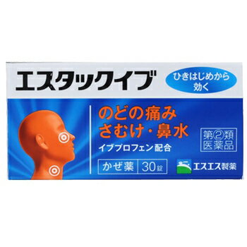 ■エスタックイブ 30錠【エスエス製薬】 「エスタックイブ 30錠」は、熱を下げ、のどの痛みを緩和するイブプロフェンを配合した総合かぜ薬です。 のどの痛み・さむけ(悪寒)・熱・鼻水など、かぜの諸症状を緩和します。医薬品。 内容量 30錠 効能・効果 かぜの諸症状(のどの痛み、悪寒、鼻水、鼻づまり、くしゃみ、発熱、頭痛、せき、たん、関節の痛み、筋肉の痛み)の緩和 使用上の注意 ●してはいけないこと (守らないと現在の症状が悪化したり、副作用・事故が起こりやすくなります。) 1．次の人は服用しないでください (1)本剤又は本剤の成分によりアレルギー症状を起こしたことがある人。 (2)本剤又は他のかぜ薬、解熱鎮痛薬を服用してぜんそくを起こしたことがある人。 (3)15才未満の小児。 (4)出産予定日12週以内の妊婦。 2．本剤を服用している間は、次のいずれの医薬品も使用しないでください 他のかぜ薬、解熱鎮痛薬、鎮静薬、鎮咳去痰薬、抗ヒスタミン剤を含有する内服薬等(鼻炎用内服薬、乗物酔い薬、アレルギー用薬、催眠鎮静薬等) 3．服用後、乗物又は機械類の運転操作をしないでください (眠気等があらわれることがあります。) 4．授乳中の人は本剤を服用しないか、本剤を服用する場合は授乳を避けてください 5．服用前後は飲酒しないでください 6．5日間を超えて服用しないでください ●相談すること 1．次の人は服用前に医師、薬剤師又は登録販売者に相談してください (1)医師又は歯科医師の治療を受けている人。 (2)妊婦又は妊娠していると思われる人。 (3)高齢者。 (4)薬などによりアレルギー症状を起こしたことがある人。 (5)次の症状のある人。 高熱、排尿困難 (6)次の診断を受けた人。 高血圧、心臓病、糖尿病、緑内障、肝臓病、腎臓病、甲状腺機能障害、全身性エリテマトーデス、混合性結合組織病 (7)次の病気にかかったことのある人。 胃・十二指腸潰瘍、潰瘍性大腸炎、クローン病 2．服用後、次の症状があらわれた場合は副作用の可能性があるので、直ちに服用を中止し、この説明書を持って医師、薬剤師又は登録販売者に相談してください 【関係部位：症状】 皮膚：発疹・発赤、かゆみ、青あざができる 消化器：吐き気・嘔吐、食欲不振、胃痛、胃部不快感、胃もたれ、胃腸出血、胸やけ、腹痛、口内炎、下痢、血便 精神神経系：めまい 循環器：動機 呼吸器：息切れ 泌尿器：排尿困難 その他：目のかすみ、耳なり、むくみ、鼻血、歯ぐきの出血、出血が止まりにくい、出血、背中の痛み、過度の体温低下、からだがだるい まれに下記の重篤な症状が起こることがあります。その場合は直ちに医師の診療を受けてください。 【症状の名称：症状】 ショック(アナフィラキシー)：服用後すぐに、皮膚のかゆみ、じんましん、声のかすれ、くしゃみ、のどのかゆみ、息苦しさ、動悸、意識の混濁等があらわれる。 皮膚粘膜眼症候群(スティーブンス・ジョンソン症候群)、中毒性表皮壊死融解症 ： 高熱、目の充血、目やに、唇のただれ、のどの痛み、皮膚の広範囲の発疹・発赤等が持続したり、急激に悪化する。 肝機能障害：発熱、かゆみ、発疹、黄疸(皮膚や白目が黄色くなる)、褐色尿、全身のだるさ、食欲不振等があらわれる。 腎障害：発熱、発疹、全身のむくみ、全身のだるさ、関節痛(節々が痛む)、下痢等があらわれる。 無菌性髄膜炎：首すじのつっぱりを伴った激しい頭痛、発熱、吐き気・嘔吐等の症状があらわれる。(このような症状は、特に全身性エリテマトーデス又は混合性結合組織病の治療を受けている人で多く報告されている。) 間質性肺炎：階段を上ったり、少し無理をしたりすると息切れがする・息苦しくなる、空せき、発熱等がみられ、これらが急にあらわれたり、持続したりする。 ぜんそく：息をするときゼーゼー、ヒューヒューと鳴る、息苦しい等があらわれる。 再生不良性貧血：青あざ、鼻血、歯ぐきの出血、発熱、皮膚や粘膜が青白くみえる、疲労感、動悸、息切れ、気分が悪くなりくらっとする、血尿等があらわれる。 無顆粒球症：突然の高熱、さむけ、のどの痛み等があらわれる。 3．服用後、次の症状があらわれることがあるので、このような症状の持続又は増強が見られた場合には、服用を中止し、医師、薬剤師又は登録販売者に相談してください 便秘、口のかわき、眠気 4．5-6回服用しても症状がよくならない場合(特に熱が3日以上続いたり、また熱が反復したりするとき)は服用を中止し、この説明書を持って医師、薬剤師又は登録販売者に相談してください 成分・分量 9錠(1日量)中 イブプロフェン・・・450mg ジヒドロコデインリン酸塩・・・24mg dl-メチルエフェドリン塩酸塩・・・60mg クロルフェニラミンマレイン酸塩・・・7.5mg 無水カフェイン・・・75mg チアミン硝化物(ビタミンB1硝酸塩)・・・24mg アスコルビン酸(ビタミンC)・・・300mg 添加物：無水ケイ酸、セルロース、乳糖、白糖、ヒドロキシプロピルセルロース、ヒプロメロース、マクロゴール、炭酸Ca、カルナウバロウ、ステアリン酸Mg、タルク、酸化チタン、部分アルファー化デンプン、プルラン、ポリオキシエチレンポリオキシプロピレングリコール 用法・用量 次の1回量を1日3回、食後なるべく30分以内に服用します。 年齢 / 成人(15才以上) / 15才未満 1回量 / 3錠 / 服用しないこと (用法・用量に関連する注意) ●用法・用量を厳守してください。 保管及び取扱い上の注意 (1)直射日光の当たらない湿気の少ない涼しい所にビンのフタをよくしめて保管してください。 (2)小児の手の届かない所に保管してください。 (3)他の容器に入れ替えないでください。(誤用の原因になったり品質が変わることがあります。) (4)本剤をぬれた手で扱わないでください。ぬれた手で扱うと、糖衣にムラができたり、変色したりすることがあります。 (5)ビンの中のつめ物は、輸送中に錠剤が破損するのを防ぐためのものです。開封後は不要となりますので取り除いてください。 (6)使用期限をすぎたものは服用しないでください。 使用期限 使用期限まで180日以上あるものをお送りします。 製造販売元 エスエス製薬株式会社 〒163-1488　東京都新宿区西新宿3丁目20番2号 東京オペラシティタワー TEL(代表)：03-6301-4511 / FAX(代表)03-6301-4521 【お客様相談室】 TEL：0120-028-193 ＜受付時間＞9:00〜17:30(土・日・祝日を除く) 広告文責 多賀城ファーマシー 株式会社 薬剤師：根本一郎 TEL：022-362-1675 原産国 日本 リスク区分 第(2)類医薬品 ※パッケージデザイン・内容量等は予告なく変更されることがあります。 ■この商品は医薬品です。用法・用量を守り、正しくご使用下さい。 医薬品販売に関する記載事項（必須記載事項）はこちら