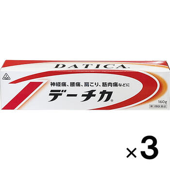 ■ホノミ漢方薬 デーチカ 160g【剤盛堂薬品】 リニューアルのお知らせ 2023年4月より「デーチカ」がリニューアルしました。 　・軟膏剤を押し出しやすく、最後まで楽に使い切ることができる容器に。（50gの変更はございません。） 　・※容量が170gの商品は販売終了となります。 ◆デーチカは神経痛、腰痛、筋肉痛、肩こりなどの痛みを改善するために考え出された塗り薬です。 ◆デーチカ中のd-カンフル・サリチル酸メチル・dl-メントールは患部の炎症を鎮めて痛みを緩和し、トウガラシチンキは患部の血の流れが悪くなって起こる神経痛、腰痛、筋肉痛、肩こりなどの痛みを改善します。また、ジフェンヒドラミン・d-カンフル・dl-メントールは虫さされによるかゆみを鎮めるように働きます。 ■内容量　160g ■効能・効果 神経痛、腰痛、肩こり、筋肉痛、捻挫、虫さされ ■用法・用量 適量を1日数回患部に塗擦して下さい。 ＜用法関連注意＞ （1）用法・用量を厳守すること。 （2）小児に使用させる場合には、保護者の指導監督のもとに使用させること。 （3）目に入らないように注意すること。万一、目に入った場合には、すぐに水又はぬるま湯で洗うこと。なお、症状が重い場合には、眼科医の診療を受けること。 （4）外用にのみ使用すること。 （5）塗った患部をコタツや電気毛布等で温めないこと。 ■使用上の注意 ●してはいけないこと （守らないと現在の症状が悪化したり、副作用が起こりやすくなる） 次の部位には使用しないこと 　（1）目の周囲、粘膜等。 　（2）湿疹、かぶれ、傷口。 ●相談すること 1．次の人は使用前に医師、薬剤師又は登録販売者に相談すること 　（1）医師の治療を受けている人。 　（2）薬などによりアレルギー症状を起こしたことがある人。 2．使用後、次の症状があらわれた場合は副作用の可能性があるので、直ちに使用を中止し、この文書を持って医師、薬剤師又は登録販売者に相談すること ［関係部位：症状］ 皮膚：発疹・発赤、かゆみ、はれ、痛み 3．5〜6日間使用しても症状がよくならない場合は使用を中止し、この文書を持って医師、薬剤師又は登録販売者に相談すること 4．他の医薬品等を併用する場合には、含有成分の重複に注意する必要があるので、医師、薬剤師又は登録販売者に相談すること ■成分・分量 11230g中 トウガラシチンキ・・・100g d-カンフル・・・50g サリチル酸メチル・・・200g ジフェンヒドラミン・・・25g dl-メントール・・・50g 添加物として、エタノール、カルメロースナトリウム、ベンザルコニウム塩化物を含有する。 ■保管及び取扱い上の注意 （1）直射日光の当たらない涼しい所に密栓して保管すること。 （2）小児の手の届かない所に保管すること。 （3）他の容器に入れ替えないこと。（誤用の原因になったり品質が変わる。） ■使用期限 使用期限まで180日以上あるものをお送りします。 ■製造販売元 剤盛堂薬品株式会社 和歌山市太田二丁目8番31号 問い合わせ先：学術部 電話：073（472）3111（代表） 受付時間：9：00〜12：00　13：00〜17：00（土、日、祝日を除く） ■広告文責 多賀城ファーマシー株式会社 薬剤師：根本一郎 TEL：022-362-1675 ■原産国　日本 ■リスク区分　第3類医薬品 ※パッケージデザイン・内容量等は予告なく変更されることがあります。 ■この商品は医薬品です。用法・用量を守り、正しくご使用下さい。 医薬品販売に関する記載事項（必須記載事項）はこちら