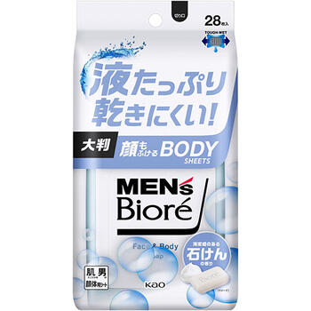 ■メンズビオレ 顔もふけるボディシート 清潔感のある石けんの香り【花王】 液たっぷり乾きにくい！大判！顔も体もこれ1枚！顔もふけるボディシート。全身のベタつき・ニオイの元となる汗や皮脂をすっきり落とす。厚手のメッシュシートでしっかりふきとれ、肌にやさしいふき心地。メントール（清涼剤）配合。清潔感のある石けんの香り ■内容量：28枚 ■成分： 水、エタノール、PEG-8、PEG-60水添ヒマシ油、BG、EDTA-2Na、メントール、ラウレス-6、ラウリン酸PEG-12、トロメタミン、PEG-11メチルエーテルジメチコン、フェノキシエタノール、メチルパラベン、エチルパラベン、香料 ■使用方法： シートを取り出し、肌をふいてください。 ■ご注意： ●メントールの冷感刺激に弱い方、アルコール過敏症の方、特に肌の弱い方、乳幼児は使わない。 ●傷、はれもの、湿疹等異常のあるところ、目のまわり、粘膜、ひげそり直後、除毛直後には使わない。 ●肌に異常が生じていないかよく注意して使う。肌に合わない時、使用中に赤み、はれ、かゆみ、刺激、色抜け（白斑等）や黒ずみ等の異常が出た時、直射日光があたって同様の異常が出た時は使用を中止し、皮フ科医へ相談する。使い続けると症状が悪化することがある。 ●目に入った時は、すぐに充分洗い流す。 ●シートは水に溶けないので、トイレ等に流さない。 ●家具、床、電気製品等をふかない。 ●高温の場所、直射日光のあたる場所には置かない。 ■製造販売元： 花王株式会社 〒103-0025 東京都中央区日本橋茅場町一丁目14番10号 「生活者コミュニケーションセンター 消費者相談室」 電話番号：0120-165-692(ヘアケア・スキンケア用品) 受付時間：9：00〜17：00(土曜・日曜・祝日を除く) ■広告文責： 多賀城ファーマシー 株式会社 TEL. 022-362-1675 ■原産国：日本 ■区分：化粧品 ※パッケージデザイン・内容量等は予告なく変更されることがあります。