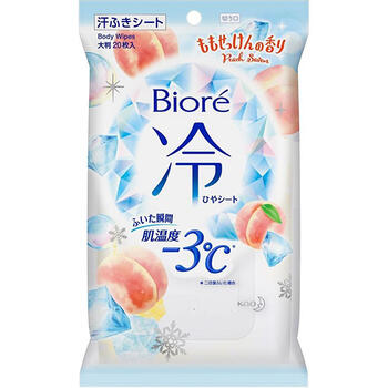 ■ビオレ冷シート ももせっけんの香り 20枚入【花王】 ベタつく汗・ニオイのもととなる皮脂汚れをすっきりふきとる！ふいた瞬間、肌温度-3℃※。 冷却ウォーターたっぷりひたひたで、ふいた瞬間から熱を逃がします。メントール配合でひんやり感が続きます。 やぶれにくい厚手の大判シートだから1枚で全身ふける！天然コットンでやさしい肌触り。 ヒアルロン酸配合。 ●ももせっけんの香り ※二往復ふいた場合 メントールの冷感刺激に弱い方、アルコール過敏症の方、特に肌の弱い方、乳幼児は使わないでください。 内容量 20枚入 使用方法 ・シートを取り出し、しっかりと肌をふいてください。 ・手の平サイズに折りたたんで使うのがおすすめです。 ※使用後はシール接着面のシワをのばしてから、シールをきちんと閉めてください。 ※乾燥による品質の劣化を防ぐため、開封後はなるべくお早めにお使いください。 ※液がたっぷりなので、カバンの中などで強く押されると、液がしみ出る場合があります。 ご注意 ・メントールの冷感刺激に弱い方、アルコール過敏症の方、特に肌の弱い方、乳幼児は使わない。 ・傷、はれもの、湿疹等異常のあるところ、顔、粘膜、除毛直後には使わない。 ・肌に異常が生じていないかよく注意して使う。肌に合わない時、使用中に赤み、はれ、かゆみ、刺激、色抜け(白斑等)や黒ずみ等の異常が出た時、直射日光があたって同様の異常が出た時は使用を中止し、皮フ科医へ相談する。使い続けると症状が悪化することがある。 ・目に入った時は、すぐに充分洗い流す。 ・シートは水に溶けないので、トイレ等に流さない。 ・家具、床、電気製品等をふかない。 ・高温の場所、直射日光のあたる場所には置かない。 成分 水、エタノール、PEG-60水添ヒマシ油、PEG-8、メントール、トロメタミン、（メタクリル酸ラウリル／メタクリル酸Na）クロスポリマー、ラウレス-6、コハク酸、ヒアルロン酸Na、EDTA-2Na、メチルパラベン、フェノキシエタノール、香料 発売元 花王株式会社 〒103-0025　東京都中央区日本橋茅場町一丁目14番10号 TEL：03-3660-7111 【お問い合わせ】 TEL：0120-165-692 ＜受付時間＞9:00〜17:00 (土、日、祝日、祝日を除く) 広告文責 多賀城ファーマシー 株式会社 TEL：022-362-1675 原産国 日本 区分 化粧品 ※パッケージデザイン・内容量等は予告なく変更されることがあります。