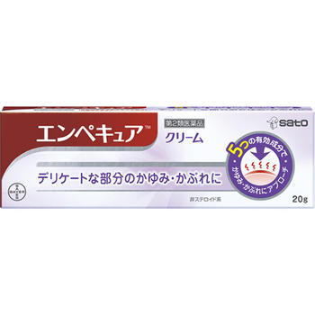 ■エンペキュア 20g【佐藤製薬】 デリケートな部分にも塗りやすいクリーム剤です。 5つの有効成分（抗ヒスタミン剤：ジフェンヒドラミン、局所麻酔剤：リドカイン、抗炎症剤：グリチルレチン酸、血流改善剤：トコフェロール酢酸エステル、殺菌剤：イソプロピルメチルフェノール）を配合した鎮痒消炎薬です。 本剤にステロイド成分は配合されておりません。 内容量 20g 効能・効果 かゆみ、かぶれ、湿疹、皮膚炎、じんましん、あせも、ただれ、虫さされ、しもやけ 使用上の注意 ●相談すること 1．次の人は使用前に医師、薬剤師又は登録販売者にご相談ください （1）医師の治療を受けている人。 （2）薬などによりアレルギー症状を起こしたことがある人。 （3）湿潤やただれのひどい人。 2．使用後、次の症状があらわれた場合は副作用の可能性がありますので、直ちに使用を中止し、この文書を持って医師、薬剤師又は登録販売者にご相談ください 関係部位：皮膚 症状：発疹・発赤、かゆみ、はれ 3．5〜6日間使用しても症状がよくならない場合は使用を中止し、この文書を持って医師、薬剤師又は登録販売者にご相談ください 成分・分量 100g中 ジフェンヒドラミン・・・1g リドカイン・・・2g グリチルレチン酸・・・0.5g トコフェロール酢酸エステル・・・0.5g イソプロピルメチルフェノール・・・0.1g 添加物として、ポリソルベート60、ポリオキシエチレン硬化ヒマシ油60、ミリスチン酸オクチルドデシル、イソステアリン酸、ステアリルアルコール、中鎖脂肪酸トリグリセリド、1,3-ブチレングリコール、カルボキシビニルポリマー、エデト酸ナトリウム水和物、パラオキシ安息香酸メチルを含有します。 用法・用量 1日数回、適量を患部に塗布してください。 ＜用法関連注意＞ （1）定められた用法・用量を厳守してください。 （2）小児に使用させる場合には、保護者の指導監督のもとに使用させてください。 （3）目に入らないように注意してください。万一、目に入った場合には、すぐに水又はぬるま湯で洗ってください。なお、症状が重い場合には、眼科医の診療を受けてください。 （4）本剤は外用にのみ使用してください。 保管及び取扱い上の注意 （1）直射日光の当たらない湿気の少ない涼しい所に密栓して保管してください。 （2）小児の手の届かない所に保管してください。 （3）他の容器に入れ替えないでください。（誤用の原因になったり品質が変わるおそれがあります） （4）使用期限を過ぎた製品は使用しないでください。 使用期限 使用期限まで180日以上あるものをお送りします。 製造販売元 （販売元） 佐藤製薬株式会社 問い合わせ先：お客様相談窓口 電話：03（5412）7393 受付時間：9：00〜17：00（土，日，祝日を除く） （製造販売元） バイエル薬品株式会社 532-0001 大阪市北区梅田 2-4-9　ブリーゼタワー 広告文責 多賀城ファーマシー株式会社 薬剤師：根本一郎 TEL：022-362-1675 原産国 日本 リスク区分 第2類医薬品 ※パッケージデザイン・内容量等は予告なく変更されることがあります。 ■この商品は医薬品です。用法・用量を守り、正しくご使用下さい。 医薬品販売に関する記載事項（必須記載事項）はこちら