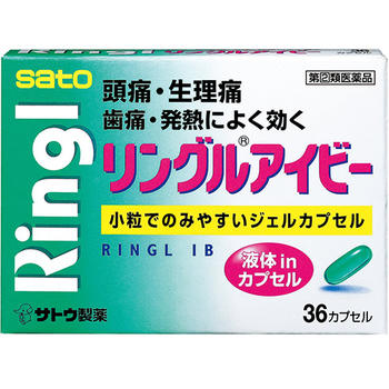 ■リングルアイビー 36カプセル【佐藤製薬】 ●頭痛・生理痛などの痛みや発熱に効果をあらわすイブプロフェンを配合した小粒のジェルカプセルです。 ●有効成分のイブプロフェンが，液状に溶けています。 内容量 36カプセル 効能・効果 ●頭痛・歯痛・抜歯後の疼痛・咽喉痛・耳痛・関節痛・神経痛・腰痛・筋肉痛・肩こり痛・打撲痛・骨折痛・ねんざ痛・月経痛（生理痛）・外傷痛の鎮痛 ●悪寒・発熱時の解熱 用法・用量 下記の1回服用量をなるべく空腹時をさけて服用します。服用間隔は4時間以上おいてください。 ［年齢：1回服用量：1日服用回数］ 成人（15歳以上）：1カプセル：3回を限度とします 15歳未満：服用しないでください ＜用法関連注意＞ （1）定められた用法・用量を厳守してください。 （2）カプセルの取り出し方 　　カプセルの入っているPTPシートの凸部を指先で強く押して裏面のアルミ箔を破り，取り出してお飲みください。 　（誤ってそのまま飲み込んだりすると食道粘膜に突き刺さる等思わぬ事故につながります。） 使用上の注意 ●してはいけないこと （守らないと現在の症状が悪化したり，副作用・事故が起こりやすくなります） 1．次の人は服用しないでください （1）本剤又は本剤の成分によりアレルギー症状を起こしたことがある人。 （2）本剤又は他の解熱鎮痛薬，かぜ薬を服用してぜんそくを起こしたことがある人。 （3）15歳未満の小児。 （4）出産予定日12週以内の妊婦。 2．本剤を服用している間は，次のいずれの医薬品も服用しないでください 　他の解熱鎮痛薬，かぜ薬，鎮静薬 3．服用前後は飲酒しないでください 4．長期連用しないでください ●相談すること 1．次の人は服用前に医師，歯科医師，薬剤師又は登録販売者にご相談ください （1）医師又は歯科医師の治療を受けている人。 （2）妊婦又は妊娠していると思われる人。 （3）授乳中の人。 （4）高齢者。 （5）薬などによりアレルギー症状を起こしたことがある人。 （6）次の診断を受けた人。 　心臓病，腎臓病，肝臓病，全身性エリテマトーデス，混合性結合組織病 （7）次の病気にかかったことのある人。 　胃・十二指腸潰瘍，潰瘍性大腸炎，クローン病 2．服用後，次の症状があらわれた場合は副作用の可能性がありますので，直ちに服用を中止し，この文書を持って医師，歯科医師，薬剤師又は登録販売者にご相談ください [関係部位：症状] 皮膚：発疹・発赤，かゆみ，青あざができる 消化器：吐き気・嘔吐，食欲不振，胃部不快感，胃痛，口内炎，胸やけ，胃もたれ，胃腸出血，腹痛，下痢，血便 精神神経系：めまい 循環器：動悸 呼吸器：息切れ その他：目のかすみ，耳なり，むくみ，鼻血，歯ぐきの出血，出血が止まりにくい，出血，背中の痛み，過度の体温低下，からだがだるい まれに下記の重篤な症状が起こることがあります。その場合は直ちに医師の診療を受けてください。 [症状の名称：症状] ショック（アナフィラキシー）：服用後すぐに，皮膚のかゆみ，じんましん，声のかすれ，くしゃみ，のどのかゆみ，息苦しさ，動悸，意識の混濁等があらわれる。 皮膚粘膜眼症候群（スティーブンス・ジョンソン症候群），中毒性表皮壊死融解症：高熱，目の充血，目やに，唇のただれ，のどの痛み，皮膚の広範囲の発疹・発赤等が持続したり，急激に悪化する。 肝機能障害：発熱，かゆみ，発疹，黄疸（皮膚や白目が黄色くなる），褐色尿，全身のだるさ，食欲不振等があらわれる。 腎障害：発熱，発疹，尿量の減少，全身のむくみ，全身のだるさ，関節痛（節々が痛む），下痢等があらわれる。 無菌性髄膜炎：首すじのつっぱりを伴った激しい頭痛，発熱，吐き気・嘔吐等の症状があらわれる。（このような症状は，特に全身性エリテマト−デス又は混合性結合組織病の治療を受けている人で多く報告されている。） ぜんそく：息をするときゼーゼー，ヒューヒューと鳴る，息苦しい等があらわれる。 再生不良性貧血：青あざ，鼻血，歯ぐきの出血，発熱，皮膚や粘膜が青白く見える，疲労感，動悸，息切れ，気分が悪くなりくらっとする，血尿等があらわれる。 無顆粒球症：突然の高熱，さむけ，のどの痛み等があらわれる。 3．服用後，次の症状があらわれることがありますので，このような症状の持続又は増強が見られた場合には，服用を中止し，この文書を持って医師，薬剤師又は登録販売者にご相談ください 　便秘 4．5〜6回服用しても症状がよくならない場合は服用を中止し，この文書を持って医師，歯科医師，薬剤師又は登録販売者にご相談ください 成分・分量 1カプセル中 イブプロフェン150mg 添加物として、ポリソルベート80，水酸化K，ゼラチン，コハク化ゼラチン，トウモロコシデンプン由来糖アルコール，クチナシ色素を含有する。 保管及び取扱い上の注意 （1）直射日光の当たらない湿気の少ない涼しい所に保管してください。 （2）小児の手の届かない所に保管してください。 （3）他の容器に入れ替えないでください。 　（誤用の原因になったり品質が変わるおそれがあります。） （4）使用期限をすぎた製品は，服用しないでください。 （5）カプセル剤は，吸湿しやすいので，ぬれた手などで触れないように注意してください。 使用期限 使用期限まで180日以上あるものをお送りします。 製造販売元 佐藤製薬株式会社 東京都港区元赤坂1丁目5番27号 お客様相談窓口 電話：03（5412）7393 受付時間：9：00〜17：00（土，日，祝日を除く） 広告文責 多賀城ファーマシー株式会社 薬剤師：根本一郎 TEL：022-362-1675 原産国 日本 リスク区分 第(2)類医薬品 ※パッケージデザイン・内容量等は予告なく変更されることがあります。 ■この商品は医薬品です。用法・用量を守り、正しくご使用下さい。 医薬品販売に関する記載事項（必須記載事項）はこちら