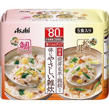 ■リセットボディ 体にやさしい鯛＆松茸雑炊 5食入【アサヒグループ食品】 鯛と松茸を和風ベースのダシでやさしい味わいに仕上げました。7種の雑穀・米（玄米・赤米・はと麦・発芽玄米・もちきび・押麦・もちあわ）入りです。 内容量 5食（鯛雑炊：3食　松茸雑炊：2食） 調理方法 1．袋の中身を大きめのカップに入れます。 2．熱湯230mLを注ぎます。（湯量はお好みで調整してください。） 3．軽く混ぜたら出来上がりです。 栄養成分 ○鯛雑炊 1食（21.0g）あたり 熱量・・・80kcal たんぱく質・・・2.7g 脂質・・・0.75g 糖質・・・14g 食物繊維・・・3.0g ナトリウム・・・601mg （食塩相当量・・・1.5g） ○松茸雑炊 1食（21.5g）あたり 熱量・・・80kcal たんぱく質・・・1.6g 脂質・・・0.41g 糖質・・・15.4g 食物繊維・・・3.0～4.0g ナトリウム・・・647mg （食塩相当量・・・1.6g） 原材料 〈鯛雑炊〉 米（国産）、鯛、鶏卵、難消化性デキストリン、押麦、食塩、玄米（国産）、三つ葉、鯛エキス、醤油、風味調味料（カツオ）、発芽玄米（国産）、もちきび、もちあわ、豚脂、赤米（国産）、椎茸エキス、はと麦、酵母エキス、調味料（アミノ酸等）、糊料（加工でん粉、増粘多糖類）、酸化防止剤（ビタミンE）、（原材料の一部に小麦、乳成分を含む） 〈松茸雑炊〉 米（国産）、難消化性デキストリン、松茸、押麦、食塩、玄米（国産）、水菜、風味調味料（カツオ）、醤油、発芽玄米（国産）、ゆず、もちきび、もちあわ、赤米（国産）、はと麦、椎茸エキス、豚脂、あさりエキス、昆布粉末、酵母エキス、調味料（アミノ酸等）、糊料（加工でん粉、キサンタン）、酸化防止剤（ビタミンE、ビタミンC）、香料、pH調整剤、（原材料の一部に小麦、乳成分を含む） 発売元 アサヒグループ食品株式会社 お客様相談室：0120-630611 受付時間：10：00-16：00(土・日・祝日を除きます) 広告文責 多賀城ファーマシー 株式会社 TEL. 022-362-1675 原産国 日本 区分 食品 ※パッケージデザイン・内容量等は予告なく変更されることがあります。