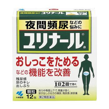 ■ユリナール【小林製薬】 ●9種類の生薬からなる清心蓮子飲(せいしんれんしいん)という漢方製剤です。 ●膀胱機能を改善し、おしっこをためられるようにして、頻尿などを改善していきます。 ●飲みやすい顆粒タイプ(シナモンバニラ味)のお薬です。 ●1日2回の服用で効きます。 内容量 12包 効能・効果 ・体力中等度以下で、胃腸が弱く、全身倦怠感があり、口や舌が乾き、尿が出しぶるものの次の諸症：頻尿、残尿感、排尿痛、排尿困難、尿のにごり、こしけ(おりもの) 使用上の注意 (相談すること) ・次の人は服用前に医師、薬剤師または登録販売者に相談すること (1)医師の治療を受けている人 (2)妊婦または妊娠している人と思われる人 ・服用後、次の症状があらわれた場合は副作用の可能性があるので、直ちに服用を中止し、この文書を持って医師、薬剤師又は登録販売者に相談すること まれに下記の重篤な症状が起こることがある。その場合は直ちに医師の診療を受けること。 (1)間質性肺炎 (2)肝機能障害 ・1ヵ月間位服用しても症状がよくならない場合は服用を中止し、この文書を持って医師、薬剤師又は登録販売者に相談すること 成分・分量 (1日量(2包：3200mg)中) 清心蓮子飲エキス：2238mg 原生薬換算量(レンニク3.5g、バクモンドウ2.1g、ブクリョウ2.8g、ニンジン3.5g、シャゼンシ2.1g、オウゴン2.1g、オウギ2.8g、ジコッピ2.1g、カンゾウ0.7g) 添加物：ケイ酸AL、マクロゴール、乳糖、ヒドロキシプロピルセルロース、タルク、無水ケイ酸、プロピレングリコール、バニリン、エチルバニリン、香料を含有する ※本剤は天然物(生薬)を用いているため、顆粒の色が多少異なることがあります。 用法・用量 ・次の量を食前または食間に水またはお湯で服用してください。 (年齢・・・1回量／1日服用回数) 大人(15才以上)・・・1包／2回 15才未満・・・服用しないこと ★用法・用量に関連する注意 (1)定められた用法・用量を厳守すること (2)吸湿しやすいため、1回で服用すること ・食間とは「食事と食事の間」を意味し、食後約2-3時間のことをいいます。 保管及び取扱い上の注意 ・直射日光の当たらない湿気の少ない涼しい所に保管すること ・小児の手の届かない所に保管すること ・他の容器に入れ替えないこと(誤用の原因になったり品質が変わる) 使用期限 使用期限まで180日以上あるものをお送りします。 製造販売元 小林製薬株式会社 大阪市中央区道修町4丁目4番10号 【お客様相談室】 電話：0120-5884-01 受付時間：9：00〜17：00（土，日，祝日を除く） 広告文責 多賀城ファーマシー株式会社 薬剤師：根本一郎 TEL：022-362-1675 原産国 日本 リスク区分 第2類医薬品 ※パッケージデザイン・内容量等は予告なく変更されることがあります。 ■この商品は医薬品です。用法・用量を守り、正しくご使用下さい。 医薬品販売に関する記載事項（必須記載事項）はこちら