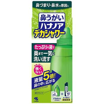 ■ハナノア デカシャワー【小林製薬】 ●鼻づまり・鼻水の原因に！たっぷりの液で奥まで一気に洗い流す ●体液に近いから痛くない ●液量5倍！※鼻の中に広がる ※小林製薬製品(ハナノアb)との比較 ●デカボトル(洗浄器具)+水で薄める濃縮原液10包入 ●たっぷりの洗浄液で鼻の奥まで一気に洗える 250mlのたっぷりの洗浄液で洗い流すので、鼻の奥深くに付着した花粉や雑菌をしっかり洗いながすことができます ●鼻にしみない、痛くない 体液に近い成分でできているので、鼻がツーンと痛くなりません ●簡単に鼻うがいができる 無理なく使えるシャワータイプなので、鼻うがいが苦手な方でも簡単にできます ●ミントの香りでスッキリ 鼻の奥までミントの香りが広がり、スッキリ爽やかになります ●原液は、ハナノアデカシャワー専用です ハナノアa、ハナノアb(シャワータイプ)には使用できません 内容量 10包入 セット詳細 洗浄器具1個、ハナノアデカシャワー専用原液(10包) 成分 精製水、塩化Na、PG、ポリソルベート80、ベンザルコニウム塩化物、エデト酸Na、香料 注意事項 (1)15才未満の小児には使用させないこと (2)嚥下障害がある方(食べ物や飲み物を飲み込みにくい方)は使用しないこと[洗浄液が気管支や肺に入る恐れがある] (3)耳鼻咽喉科の治療を受けている方は、使用前に医師に相談すること (4)鼻の炎症、鼻づまりがひどい場合は、使用しないこと (5)鼻の洗浄のみに使用し、目や耳には使用しないこと (6)洗浄後、強く鼻をかまないこと[耳の内部に洗浄液が入り、中耳炎になる恐れがある] (7)目に入らないように注意すること。万一目に入った場合は、こすらずに、すぐに流水で洗い流し、異常が残る場合はこの箱を持って医師に相談すること (8)洗浄液を飲み込み異常が残る場合や、耳の内部に洗浄液が入り1日以上抜けない場合や、使用中に万一異常が生じた場合は、この箱を持って医師に相談すること 原産国 日本 発売元 小林製薬 541-0045 大阪府大阪市中央区道修町4-4-10 0120-5884-06 広告文責 多賀城ファーマシー株式会社 TEL：022-362-1675 区分 一般医療機器(届出番号：04B2X00009001005) ※パッケージデザイン・内容量等は予告なく変更されることがあります。