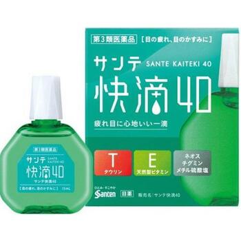 サンテ 快滴40【参天製薬】 ●目の疲れや目のかすみは、加齢や目の酷使によっておこるピント調節機能の衰えがその原因のひとつと言われています。 ●サンテ快滴40は、血行促進作用・抗酸化作用をもつ天然型ビタミンEやピント調節機能を改善するネオスチグミンメチル硫酸塩などを配合し、目の疲れ・目のかすみ(目やにの多いときなど)を改善するスッキリとしたさし心地の目薬です。 内容量 15mL 効能・効果 ・目の疲れ、目のかすみ(目やにの多いときなど)、結膜充血、目のかゆみ、眼病予防(水泳のあと、ほこりや汗が目に入ったときなど)、眼瞼炎(まぶたのただれ)、紫外線その他の光線による眼炎(雪目など)、ハードコンタクトレンズを装着しているときの不快感 使用上の注意 ＜相談すること＞ ・次の人は使用前に医師、薬剤師または登録販売者にご相談ください。 (1)医師の治療を受けている人 (2)薬などによりアレルギー症状を起こしたことがある人 (3)次の症状のある人／はげしい目の痛み (4)次の診断を受けた人／緑内障 ・使用後、次の症状があらわれた場合は副作用の可能性があるので、直ちに使用を中止し、製品の文書を持って医師、薬剤師または登録販売者にご相談ください。 (関係部位・・・症状) 皮ふ・・・発疹・発赤、かゆみ 目・・・充血、かゆみ、はれ、しみて痛い ・次の場合は使用を中止し、製品の文書を持って医師、薬剤師または登録販売者にご相談ください。 (1)目のかすみが改善されない場合 (2)2週間くらい使用しても症状がよくならない場合 成分・分量 天然型ビタミンE(酢酸d-α-トコフェロール)・・・0.015％ ネオスチグミンメチル硫酸塩・・・0.005％ タウリン・・・0.1％ クロルフェニラミンマレイン酸塩・・・0.01％ 添加物：アミノカプロン酸、エデト酸ナトリウム水和物、クロロブタノール、ゲラニオール、ベンザルコニウム塩化物液、ポリソルベート80、d-ボルネオール、L-メントール、等張化剤、pH調節剤。 用法・用量 ・1回1〜3滴、1日5〜6回点眼してください。 ★次の注意事項をお守りください。 ・小児に使用させる場合には、保護者の指導監督のもとに使用させてください。 ・容器の先を、目やまぶた、まつ毛に触れさせないでください(目やにや雑菌などの混入のため、薬液が汚染または混濁することがあります)。また、混濁したものは使用しないでください。 ・ソフトコンタクトレンズを装着したまま使用しないでください。 ・点眼用にのみ使用してください。 保管及び取扱い上の注意 ・直射日光の当たらない涼しい所に密栓して保管してください。製品の品質を保持するため、自動車の中や暖房器具の近くなど高温となる場所に放置しないでください。また、高温となる場所に放置したものは、容器が変形して薬液が漏れたり薬液の品質が劣化しているおそれがありますので、使用しないでください。 ・小児の手の届かない所に保管してください。 ・他の容器に入れ替えないでください。(誤用の原因になったり品質が変わることがあります。) ・他の人と共用しないでください。 ・使用期限をすぎた製品は使用しないでください。また、使用期限内であっても、開封後はできるだけ速やかに使用してください。 ・保存の状態によっては、成分の結晶が容器の点眼口周囲やキャップの内側に白くつくことがあります。その場合には清潔なガーゼで軽くふき取って使用してください。 使用期限 使用期限まで180日以上あるものをお送りします。 製造販売元 参天製薬 530-8552 大阪市北区大深町4-20 0120-127-023 広告文責 多賀城ファーマシー株式会社 薬剤師：根本一郎 TEL：022-362-1675 原産国 日本 リスク区分 第3類医薬品 ※パッケージデザイン・内容量等は予告なく変更されることがあります。 ■この商品は医薬品です。用法・用量を守り、正しくご使用下さい。 医薬品販売に関する記載事項（必須記載事項）はこちら