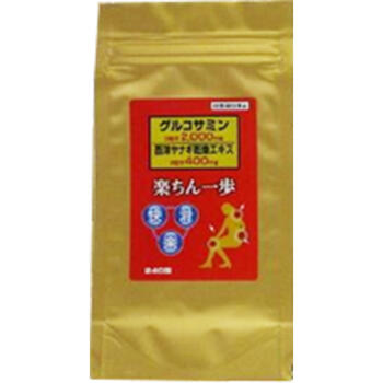 ■楽ちん一歩【ムサシノ製薬】 「楽ちん一歩」は、スムーズな動き・歩みを望まれる方のために開発された健康補助食品です。 「楽ちん一歩」には、グルコサミンが9粒あたり2000mgも配合されています。さらに、コンドロイチン・ヒアルロン酸も配合されていますが、もっとご満足いただけるように、西洋ヤナギ・豚コラーゲンペプチド（II型コラーゲンを含有しています。）・デビルズクロー・キャッツクローも配合し、充実した内容となっております。 内容量 240粒 成分 9粒あたり ・グルコサミン・・・2000mg ・西洋ヤナギ乾燥エキス（アラビアガムを含む）・・・400mg ・デビルズクロー末・・・150mg ・サメ軟骨エキス末（デキストリンを含む）・・・410mg （サメ軟骨エキス末はコンドロイチンを含有しています） ・キャッツクロー末・・・120mg ご使用方法 1日7~9粒を目安にして、水又はお湯と一緒にお召し上がりください。 ご注意 ●原材料をご参照の上、食物アレルギーのある方は、お召し上がりにならないでください。 ●体質に合わないと思われるときは、お召し上がりにならないでください。ご使用中体調のすぐれない時は、一時使用を中止してください。 ●本品は動物由来の原料を多く含むため、外観上、多少の違いが生じる場合がございます。 発売元 ムサシノ製薬株式会社 東京都西東京市緑町1-4-26 0120-28-5083 広告文責 多賀城ファーマシー 株式会社 TEL. 022-362-1675 原産国 日本 区分 サプリメント ※パッケージデザイン・内容量等は予告なく変更されることがあります。