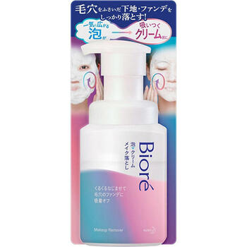 ■ビオレ 泡クリームメイク落とし 本体 210ml【花王】 一気に広がる泡が、吸いつくクリーム状に変わる！毛穴をふさいだ下地・ファンデをしっかり落とす吸着クレンジング設計。 泡で出るからムラなく一気に広げやすい。くるくるなじませるとクリーム状に変化し毛穴をふさいだファンデに吸着、からめとる。 すすぎ時のつるっとした指ざわりが肌からメイクが離れたサイン。 ●オイルフリー ●すすぎ後の洗顔はいりません ●素肌の時の洗顔料としても使えます ●深呼吸したくなるアクアフローラルの香り 内容量 210ml 成分 水、グリセリン、PEG-150、ラウリルヒドロキシスルタイン、PPG-9ジグリセリル、デシルグルコシド、PG、ラウレス-6カルボン酸、エタノール、ラウリン酸、水酸化K、ミリスチン酸、パルミチン酸、炭酸Na、ポリクオタニウム-39、炭酸水素Na、フェノキシエタノール、香料 使い方 ●適量（ポンプ3〜4押し程度）を乾いた手に取り、顔全体にいきわたるように広げます。 ●くるくると伸ばしていくと、白いクリーム状になります。 メイクとよくなじませた後、洗い流します。 ●メイクが落ちにくい時は、量を多めにして洗ってください。 ●肌が非常にぬれている洗髪後等は、軽く水をきって使うことをおすすめします。 ●直接水がかかる状態でポンプを押さないでください。 ご注意 ●傷、はれもの、湿疹等異常のあるところには使わない。 ●肌に異常が生じていないかよく注意して使う。肌に合わない時、使用中に赤み、はれ、かゆみ、刺激、色抜け（白斑等）や黒ずみ等の異常が出た時、直射日光があたって同様の異常が出た時は使用を中止し、皮フ科医へ相談する。使い続けると症状が悪化することがある。 ●目に入らないよう注意し、入った時や異常（かすみ等）を感じた時は、こすらずにすぐに充分洗い流す。異常が残る場合は、眼科医へ相談する。 ●誤飲等を防ぐため置き場所に注意する。 製造販売元 花王株式会社 〒103-0025 東京都中央区日本橋茅場町一丁目14番10号 「生活者コミュニケーションセンター 消費者相談室」 電話番号：0120-165-692(ヘアケア・スキンケア用品) 受付時間：9：00〜17：00(土曜・日曜・祝日を除く) 広告文責 多賀城ファーマシー 株式会社 TEL. 022-362-1675 原産国 日本 区分 化粧品 ※パッケージデザイン・内容量等は予告なく変更されることがあります。