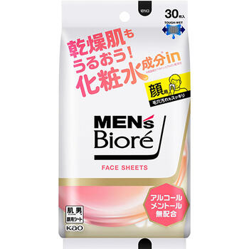 ■メンズビオレ フェイスシート 化粧水成分in 30枚入【花王】 乾燥肌もうるおう！化粧水成分※inフェイスシート！※保湿成分（ベタイン、ヒアルロン酸）配合。アルコール・メントール無配合。皮脂・ベタつき・毛穴汚れもスッキリ。アブラをふき取って、ニキビを防ぐ。独自開発の「タフウエットシート」。厚手でふんわり、肌にやさしいふき心地。マイルドフローラルの香り。 ■内容量：30枚入 ■成分： 水、ベタイン、DPG、プロパンジオール、BG、ヒアルロン酸Na、PG、PPG-17、トロメタミン、PEG-150、PEG-8、PEG-60水添ヒマシ油、イソステアリルグリセリル、ラウレス-6、EDTA-2Na、フェノキシエタノール、メチルパラベン、エチルパラベン、香料 ■使い方： シートを取り出し、肌をふいてください。 ■ご注意： ●特に肌の弱い方、乳幼児は使わない。 ●傷、はれもの、湿疹等異常のあるところ、目のまわり、粘膜、ひげそり直後には使わない。 ●肌に異常が生じていないかよく注意して使う。肌に合わない時、使用中に赤み、はれ、かゆみ、刺激、色抜け（白斑等）や黒ずみ等の異常が出た時、直射日光があたって同様の異常が出た時は使用を中止し、皮フ科医へ相談する。使い続けると症状が悪化することがある。 ●目に入った時は、すぐに充分洗い流す。 ●シートは水に溶けないので、トイレ等に流さない。 ●家具、床、電気製品等をふかない。 ●高温の場所、直射日光のあたる場所には置かない。 ■発売元： 花王株式会社 〒103-0025 東京都中央区日本橋茅場町一丁目14番10号 「生活者コミュニケーションセンター 消費者相談室」 電話番号：0120-165-692 受付時間：9：00〜17：00(土曜・日曜・祝日を除く) ■広告文責： 多賀城ファーマシー株式会社 TEL：022-362-1675 ■原産国：日本 ■区分：化粧品 ※パッケージデザイン・内容量等は予告なく変更されることがあります。