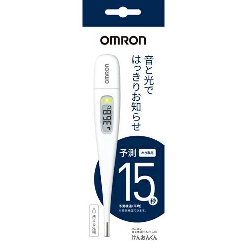 名　称 電子体温計　MC-687　けんおんくん 内容量 1台 特　徴 ◆約15秒のスピード検温。大きな文字で、測定結果がみやすい。 約15秒予測検温 (わき専用) ◆音と光で検温終了をしっかりお知らせ 検温が終了すると、お知らせブザーが鳴ってお知らせします。 また、同時に液晶画面の横の緑のランプが点滅。ブザーを聞き逃しても、ランプの点滅を見ることで検温が終了しているかどうかを確認できます。 ◆平均15秒のスピード検温 検温を開始してからの体温の変化を、当社独自の分析・演算技術で高速演算処理し、約15秒で約10分後の体温を予測します。 ※予測検温終了後にそのままはさみ続けると、実測検温が始まります。 ◆使いやすさを追求した機能 ・はさみやすく、ずれにくいフラット感温部 先端が平らになった、オムロン独自のフラット形状を感温部に採用。短時間で体の熱をしっかりとらえることができます。また、わきにしっかりフィットしてずれにくいため、誰でも簡単に正しく検温できます。 ・大きな文字で測定結果が見やすい、大型表示画面 ・結果の確認に役立つ、前回値メモリ ・電源を切り忘れても安心、オートパワーオフ ・持ち運びに便利な、収納ケース付き ・電池交換可能 基本情報 本体質量：約14g（電池含む） 外形寸法：幅20.1×長さ136.8×奥行き12.8mm 電源：電池 CR1220×1 付属品：お試し用電池（CR1220×1個）、収納ケース、取扱説明書（医療機器添付文書・品質保証書、EMC技術資料付き） 測定方法：予測式＋実測式 メモリ：前回値 オートパワーオフ：自動的に電源オフ 電池寿命目安：約5000回（予測検温）、約1700回（実測検温） 測定部位：わき 測定時間(目安)予測：15秒、実測：10分 お知らせブザー：お知らせブザー付（聞きやすいピポピポ音） フラット感温部：ずれにくいフラット感温部 医療機器認証番号 229AGBZ00037000 区　分 医療機器/体温計/中国製 ご注意 ◆本品記載の使用法・使用上の注意をよくお読みの上ご使用下さい。 販売元 オムロン ヘルスケア株式会社　京都府向日市寺戸町九ノ坪53番地 お問合せ　TEL：0120-30-6606 広告文責：株式会社ドラッグWAKUWAKU TEL：0439-50-3389
