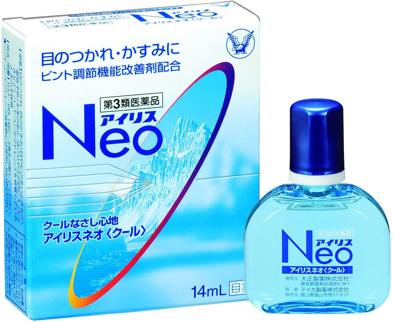 【アイリスネオ クールの商品詳細】 ●IT時代の目のつかれは、目のピントを調節する毛様体筋の疲労が主な原因です。 ●アイリスネオ クールは、毛様体筋に直接働くピント調節機能改善剤・ネオスチグミンメチル硫酸塩に加え、目の新陳代謝を盛んにする成分として天然型ビタミンE、ビタミンB6、タウリン、L-アスパラギン酸カリウムを配合し、目のつかれを効果的に改善します。 ●スキッとしたクールなさし心地です。 【効能 効果】 ・目のつかれ、目のかすみ(目やにの多いときなど)、眼病予防(水泳のあと、ほこりや汗が目に入ったときなど)、ハードコンタクトレンズを装着しているときの不快感 【用法 用量】 ・1日3〜6回、1回2〜3滴を点眼してください。 ★注意 ・定められた用法・用量を厳守してください。 ・小児に使用させる場合には、保護者の指導監督のもとに使用させてください。 ・容器の先をまぶた、まつ毛にふれさせないでください。また混濁したものは使用しないでください。 ・ソフトコンタクトレンズを装着したまま使用しないでください。 ・点眼用にのみ使用してください。 【成分】 ネオスチグミンメチル硫酸塩・・・0.005％ 酢酸d-α-トコフェロール(天然型ビタミンE)・・・0.05％ ピリドキシン塩酸塩(ビタミンB6)・・・0.1％ タウリン・・・1.0％ L-アスパラギン酸カリウム・・・1.0％ 添加物：L-メントール、リュウノウ、クロロブタノール、塩化ベンザルコニウム、クエン酸、クエン酸Na、ホウ酸、pH調節剤、エデト酸Na、ポリオキシエチレン硬化ヒマシ油、ポリソルベート80、エタノール 【注意事項】 ★相談すること ・次の人は使用前に医師、薬剤師又は登録販売者に相談してください。 (1)医師の治療を受けている人。 (2)薬などによりアレルギー症状を起こしたことがある人。 (3)次の症状のある人。・・・はげしい目の痛み (4)次の診断を受けた人。・・・緑内障 ・使用後、次の症状があらわれた場合は副作用の可能性があるので、直ちに使用を中止し、説明書を持って医師、薬剤師又は登録販売者に相談してください。 (関係部位・・・症状) 皮膚・・・発疹・発赤、かゆみ 目・・・充血、かゆみ、はれ ・次の場合は使用を中止し、説明書を持って医師、薬剤師又は登録販売者に相談してください。 (1)目のかすみが改善されない場合。 (2)2週間位使用しても症状がよくならない場合。 ★保管及び取扱い上の注意 ・直射日光の当たらない涼しい所に密栓して保管してください。 ・小児の手のとどかない所に保管してください。 ・他の容器に入れかえないでください。(誤用の原因になったり品質が変わることがあります) ・他の人と共用しないでください。 ・車のダッシュボード等高温下に放置しないでください。(容器の変形や薬液の品質が劣化することがあります) ・使用期限を過ぎた製品は使用しないでください。なお、使用期限内であっても開封後はなるべくはやく使用してください。(品質保持のため) ・保存の状態によっては、成分の結晶が容器の先やキャップの内側につくことがあります。その場合は、清潔なガーゼなどで軽くふきとって使用してください。 【原産国】 日本 【ブランド】 アイリス 【発売元、製造元、輸入元又は販売元】 大正製薬 170-8633 東京都豊島区高田3丁目24番1号 03-3985-1800 連絡先：大正製薬株式会社 お客様119番室 電話：03-3985-1800 受付時間：8：30-21：00(土、日、祝日を除く) 発売元 大正製薬株式会社 東京都豊島区高田3丁目24番1号 製造販売元 テイカ製薬株式会社 富山県富山市荒川1丁目3番27号 一般用医薬品の使用期限 使用期限まで100日以上ある医薬品をお届けします。 商品区分：【第3類医薬品】 医薬品販売に関する記載事項 文責：株式会社ドラッグWAKUWAKU　登録販売者　桑原　芳浩 広告文責：株式会社ドラッグWAKUWAKU TEL：0439-50-3389