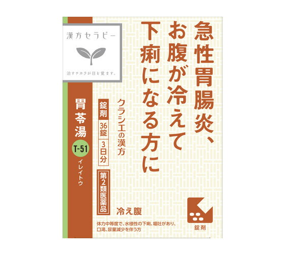 名　称 漢方セラピー　胃苓湯エキスEX錠クラシエ 内容量 36錠(3日分) 特　徴 ◆急性胃腸炎、お腹が冷えて下痢になる方に 効能・効果 体力中等度で、水様性の下痢、嘔吐があり、口渇、尿量減少を伴うものの次の諸症： 食あたり、暑気あたり、冷え腹、急性胃腸炎、腹痛 用法・用量 1日3回食前又は食間に水又は白湯にて服用。 (年齢・・・1回量・・・1日服用回数) 成人(15才以上)・・・4錠・・・3回 15才未満7才以上・・・3錠・・・3回 7才未満5才以上・・・2錠・・・3回 5才未満・・・服用しない 【用法・用量に関する注意】 小児に服用させる場合には、保護者の指導監督のもとに服用させてください。 成分・分量 成人1日の服用量12錠(1錠305mg)中 (成分・・・分量) 胃苓湯エキス・・・1920mg (ソウジュツ・コウボク・チンピ・チョレイ・タクシャ・ビャクジュツ・ブクリョウ各1.5g、ケイヒ1.2g、タイソウ・ショウキョウ各0.9g、カンゾウ0.6gより抽出。) 添加物として、タルク、クロスCMC-Na、CMC-Ca、二酸化ケイ素、ステアリン酸Mg、セルロース、ヒプロメロース、マクロゴール、カルナウバロウを含有する。 【成分に関連する注意】 本剤は天然物（生薬）のエキスを用いていますので、錠剤の色が多少異なることがあります。 区　分 医薬品/商品区分：第2類医薬品/漢方製剤/日本製 ご注意 【使用上の注意】 ■相談すること 1．次の人は服用前に医師、薬剤師又は登録販売者に相談してください (1)医師の治療を受けている人 (2)妊婦又は妊娠していると思われる人 (3)今までに薬などにより発疹・発赤、かゆみ等を起こしたことがある人 2．服用後、次の症状があらわれた場合は副作用の可能性があるので、直ちに服用を中止し、添付文書を持って医師、薬剤師又は登録販売者に相談してください (関係部位・・・症状) 皮膚・・・発疹・発赤、かゆみ 3．1ヵ月位(急性胃腸炎に服用する場合には5～6回、食あたり、暑気あたりに服用する場合には5～6日間)服用しても症状がよくならない場合は服用を中止し、添付文書を持って医師、薬剤師又は登録販売者に相談してください 【保管及び取扱い上の注意】 (1)直射日光の当たらない湿気の少ない涼しい所に、チャックをしっかりしめて保管してください。 (2)小児の手の届かない所に保管してください。 (3)他の容器に入れ替えないでください。(誤用の原因になったり品質が変わります。) (4)使用期限を過ぎた製品は服用しないでください。 (5)水分が錠剤につきますと、変色または色むらを生じることがありますので、誤って水滴を落としたり、ぬれた手で触れないでください。 ・吸湿しやすいため、服用のつどチャックをしっかりしめること ◆本品記載の使用法・使用上の注意をよくお読みの上ご使用下さい。 発売元 クラシエ薬品株式会社　東京都港区海岸3-20-20 製造販売元 大峰堂薬品工業株式会社　奈良県大和高田市根成柿574 お問合せ クラシエ薬品株式会社　お客様相談窓口 電話：（03）5446-3334　受付時間　10：00～17：00(土、日、祝日を除く) 使用期限まで100日以上ある医薬品をお届けします。 商品区分：【第2類医薬品】 医薬品販売に関する記載事項 文責：株式会社ドラッグWAKUWAKU　登録販売者　桑原　芳浩 広告文責：株式会社ドラッグWAKUWAKU TEL：0439-50-3389